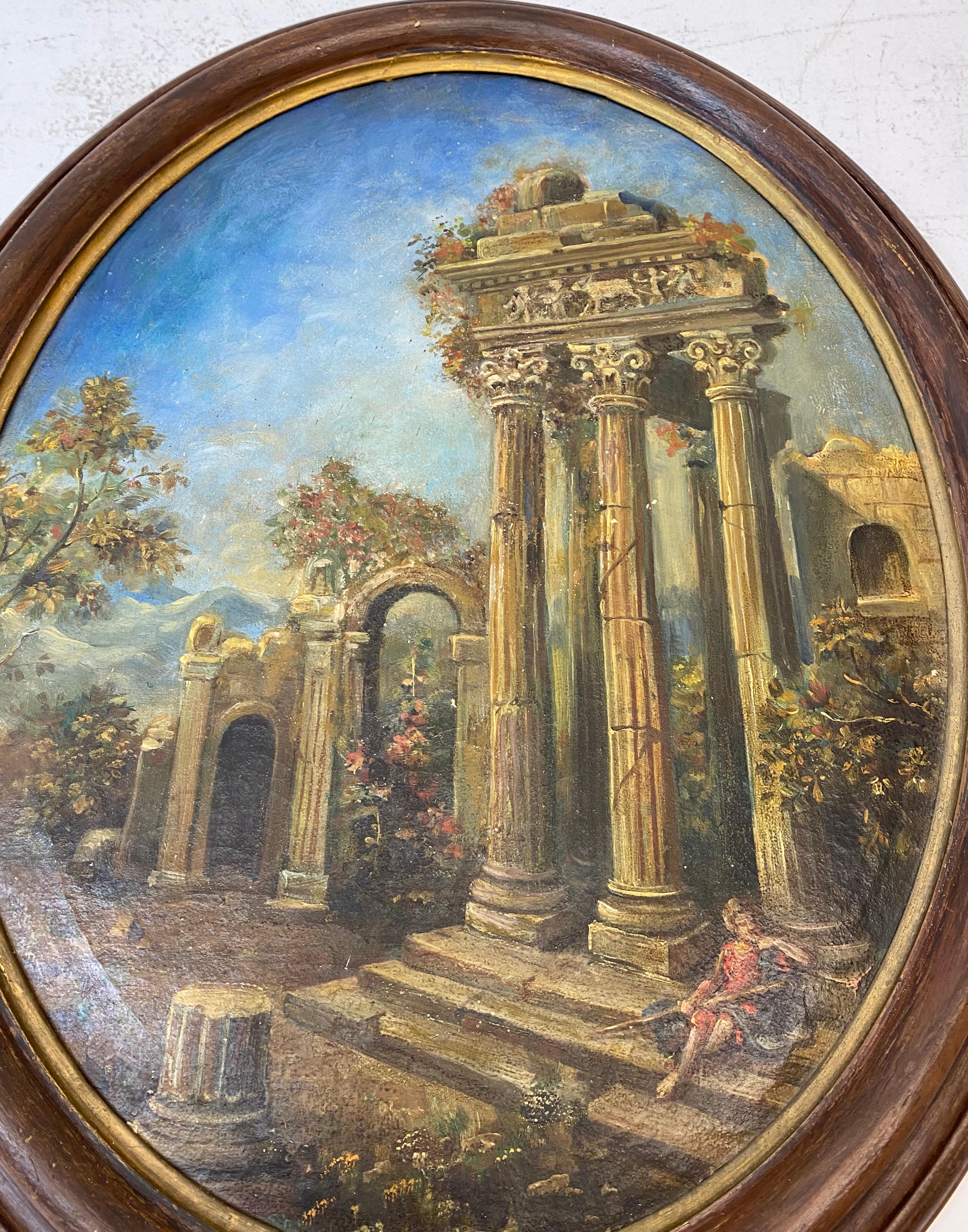 Paire de peintures à l'huile du 19ème siècle représentant un berger et une berger parmi des ruines anciennes en vente 2