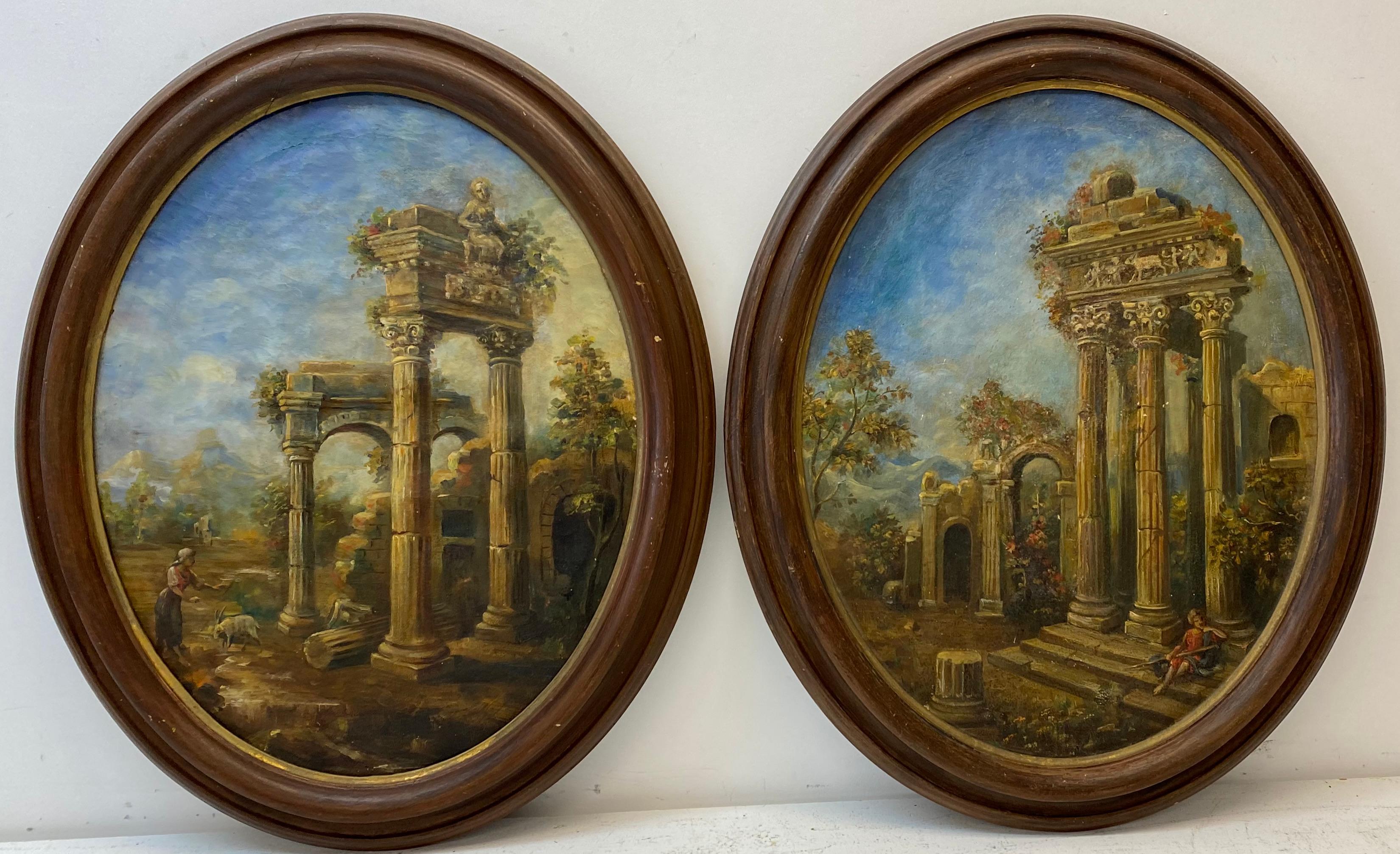 Landscape Painting Unknown - Paire de peintures à l'huile du 19ème siècle représentant un berger et une berger parmi des ruines anciennes