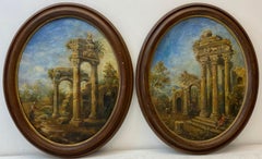 Antique Pair of 19th Century Shepherd & Shepherdess Amongst Ancient Ruins Oil Paintings