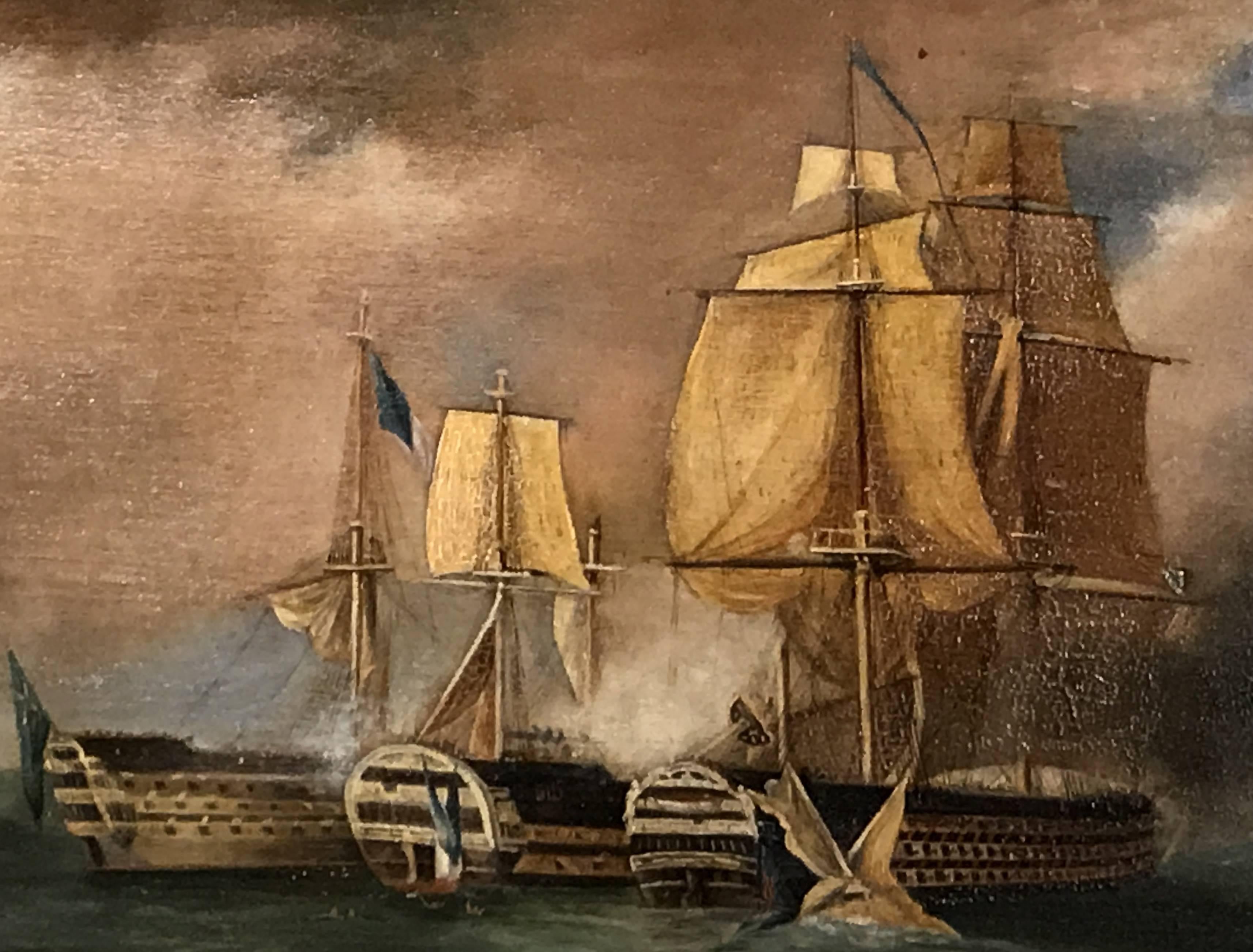 Pair of 19th Century Ship Battle Scenes - Brown Landscape Painting by Unknown