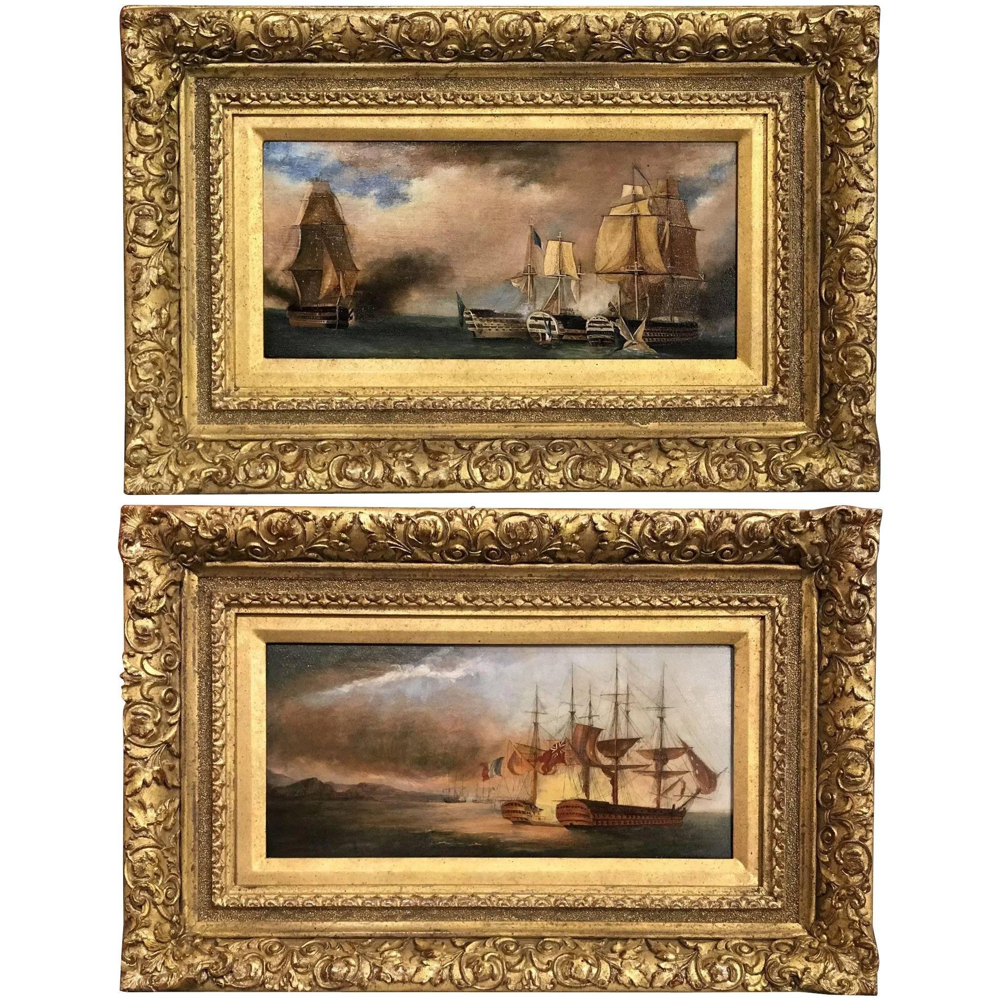 Unknown Landscape Painting - Pair of 19th Century Ship Battle Scenes