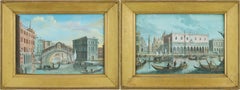 Pair of 19th century Venice view paintings - Rialto St. Mark - Tempera Canaletto