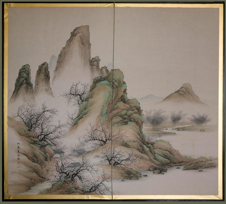 Pair of 2 Panel Japanese Byobu - Painting by Unknown