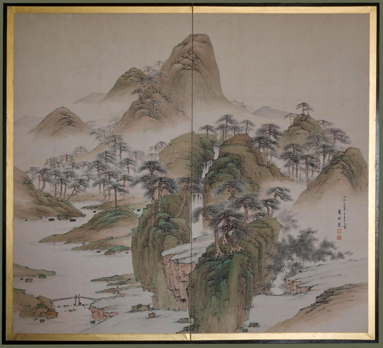 Pair of 2 Panel Japanese Byobu - Land Painting by Unknown