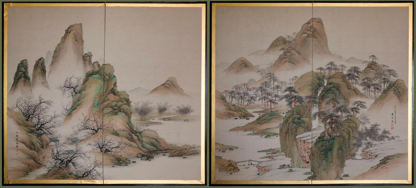 Landscape Painting di Unknown - Coppia di 2 pannelli giapponesi Byobu