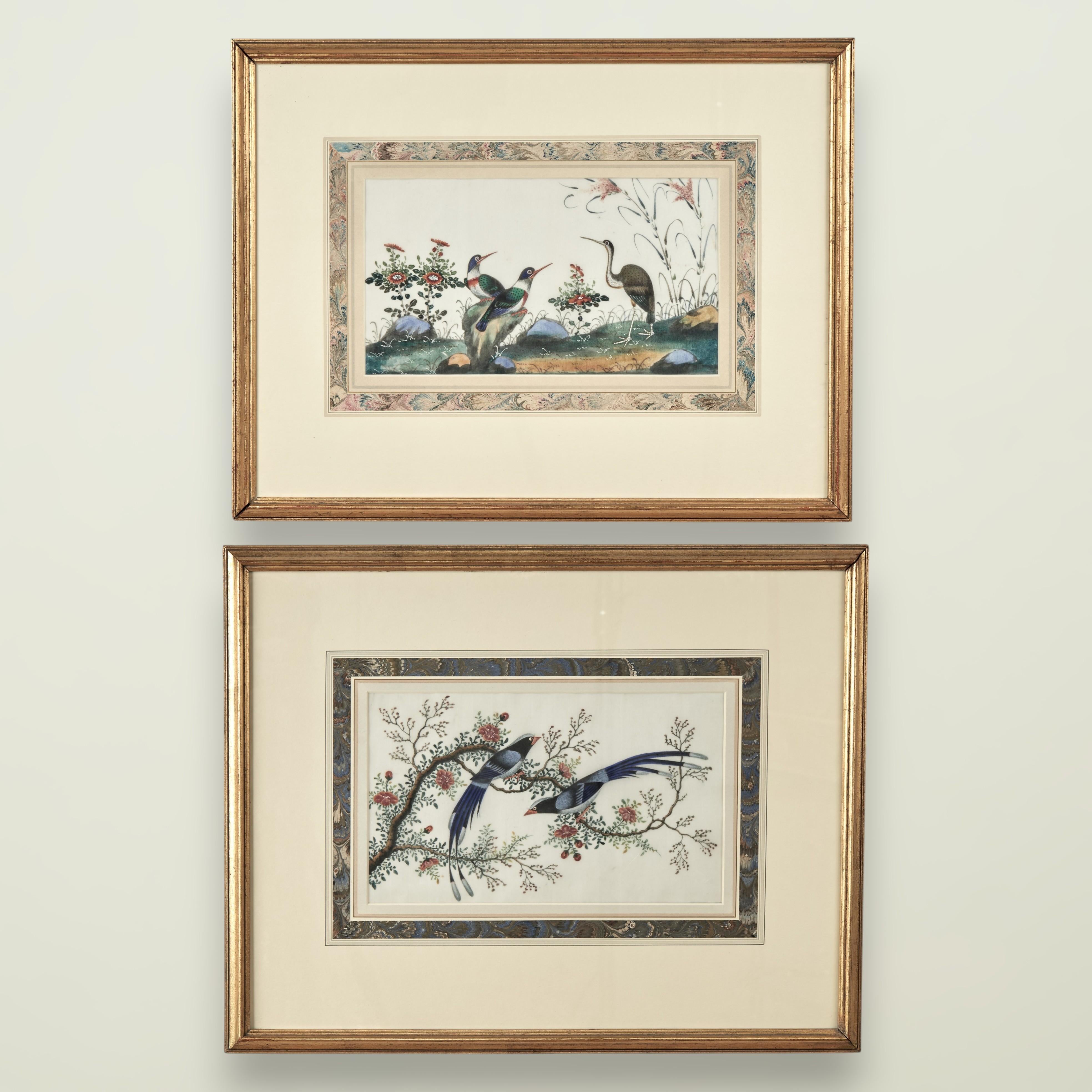 Pair of Antique Chinese Pith Paintings of Birds