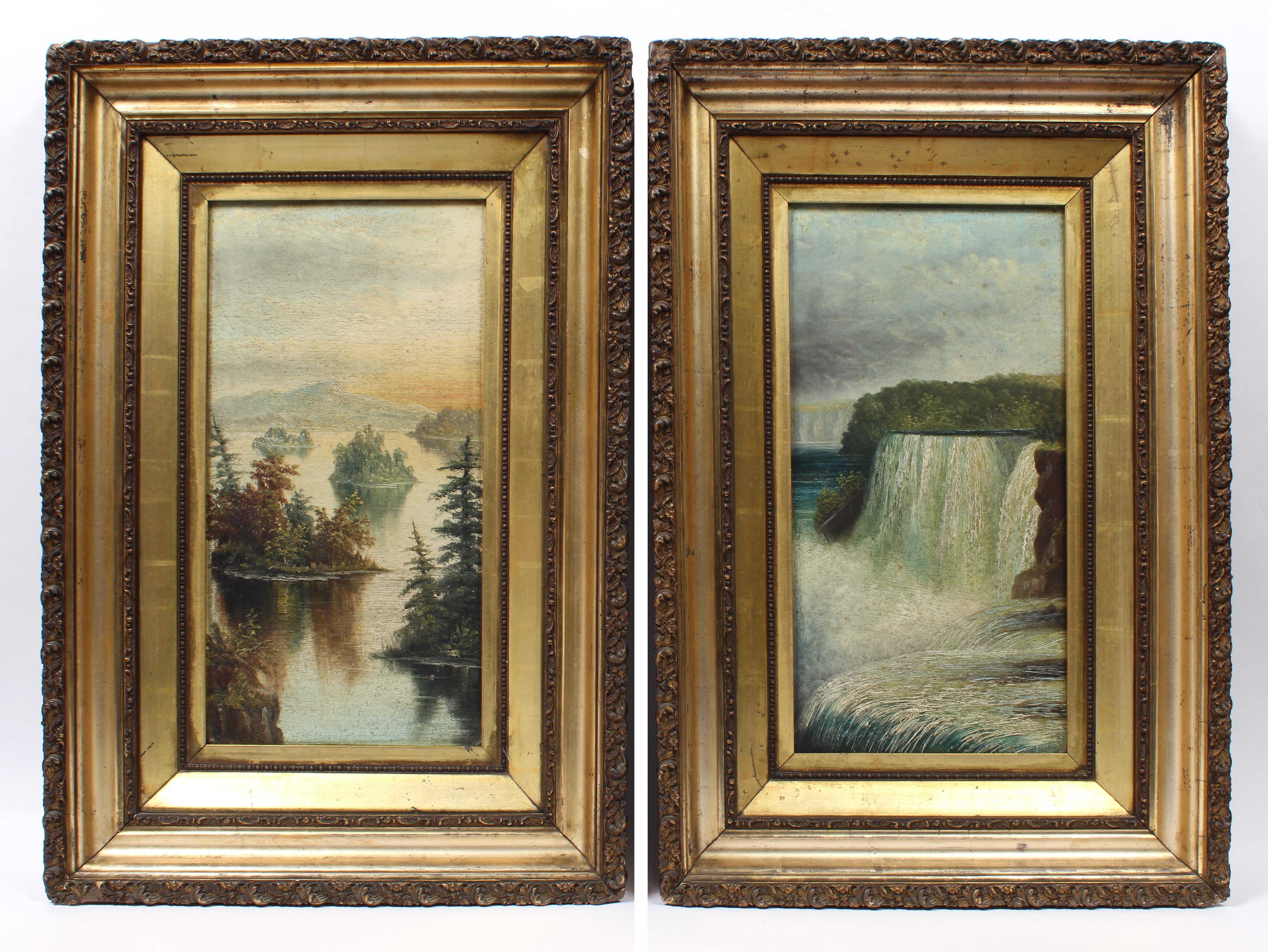 Unknown Landscape Painting - Pair of Antique Hudson River School Oil Paintings of Niagara Falls