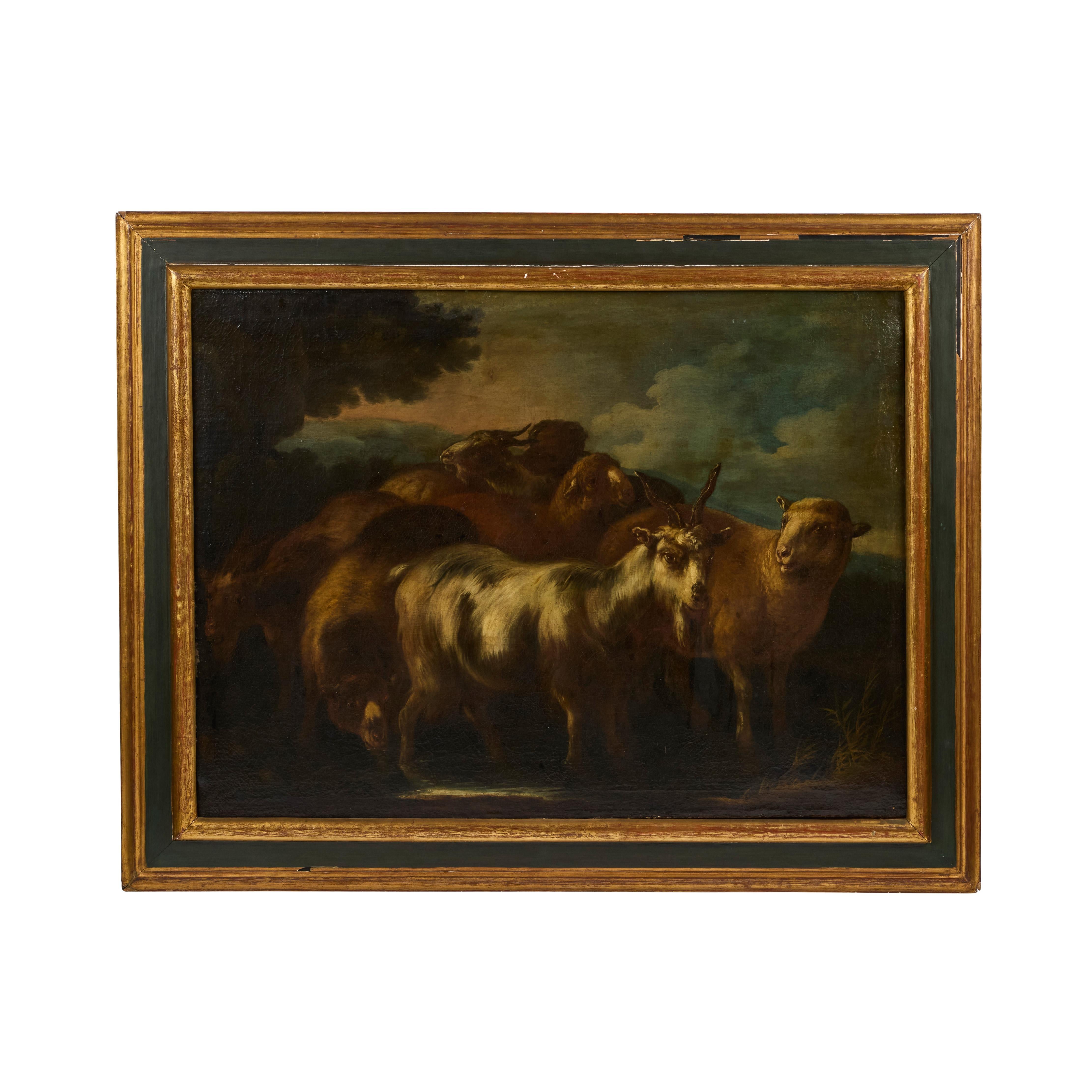 Coppia di antichi dipinti a olio su tela in cornici dorate e dipinte a mano - Painting di Unknown