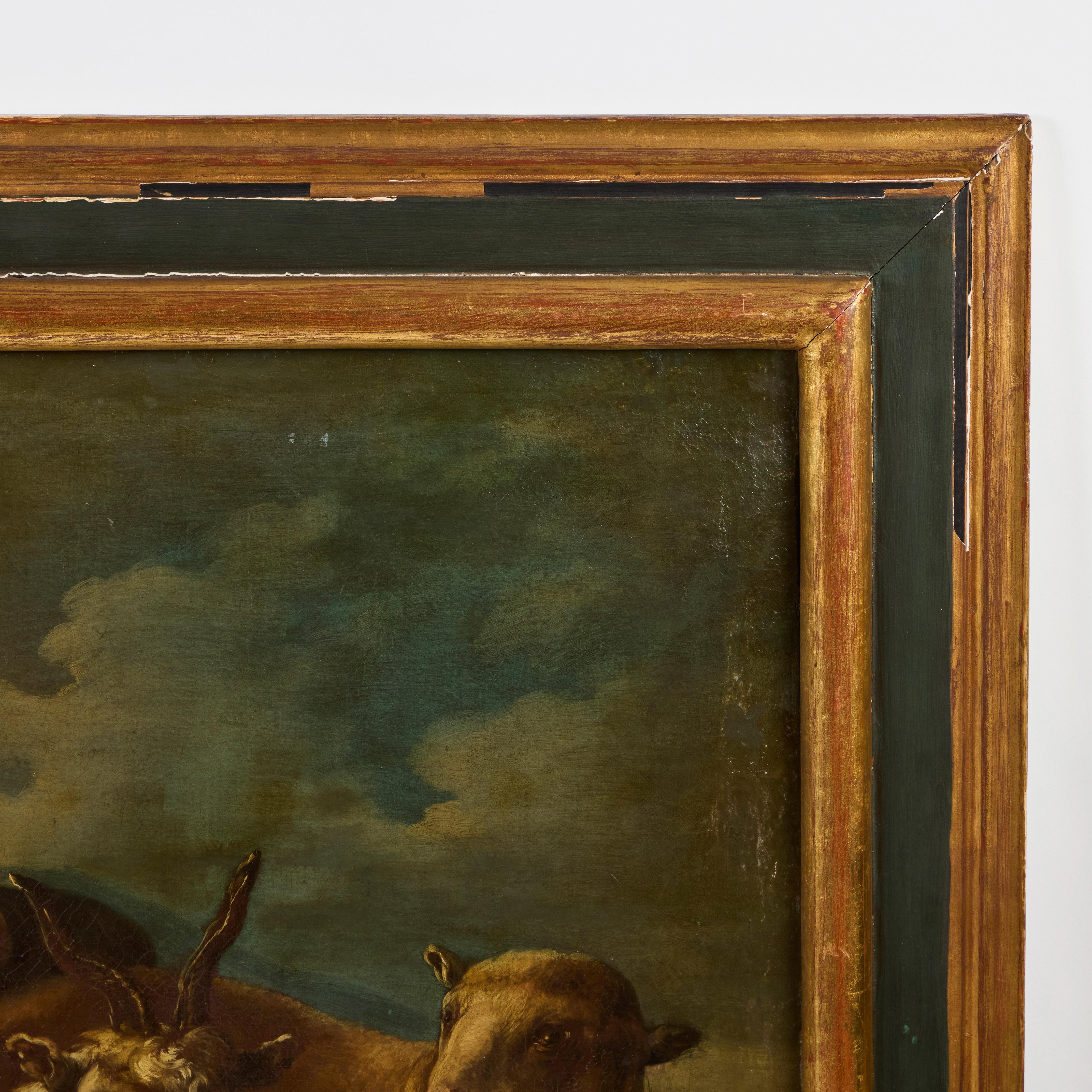 Coppia di dipinti ad olio su tela di pecore e capre in cornici dorate e dipinte a mano. Dalla cerchia di Rosa di Tivoli (1655-1706), un'apprezzata artista barocca attiva a Roma e dintorni tra la fine del XVII e l'inizio del XVIII secolo.