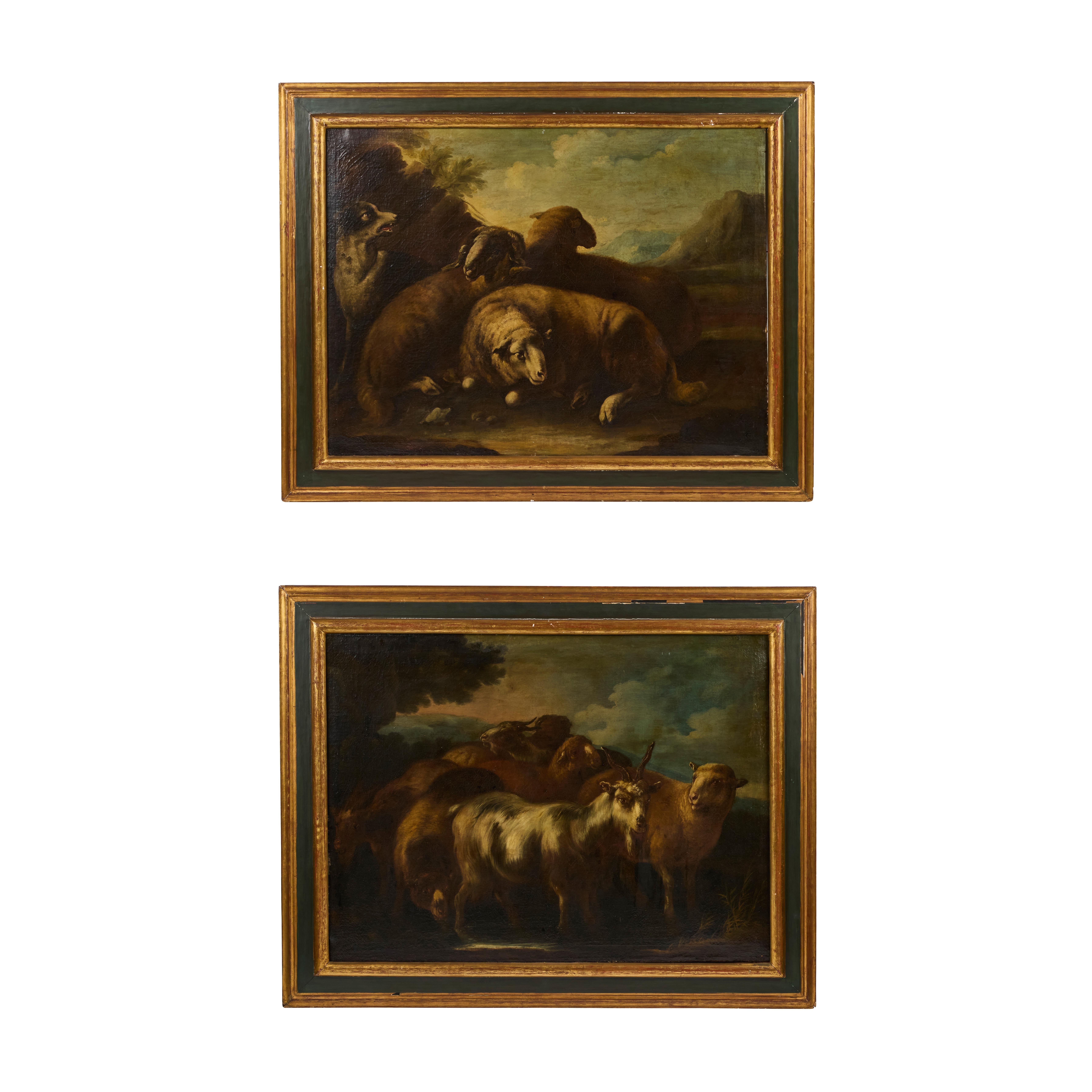 Animal Painting di Unknown - Coppia di antichi dipinti a olio su tela in cornici dorate e dipinte a mano