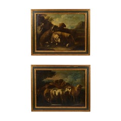 Pair of Antique Oil on Canvas Paintings in Hand-Painted and Gilded Frames