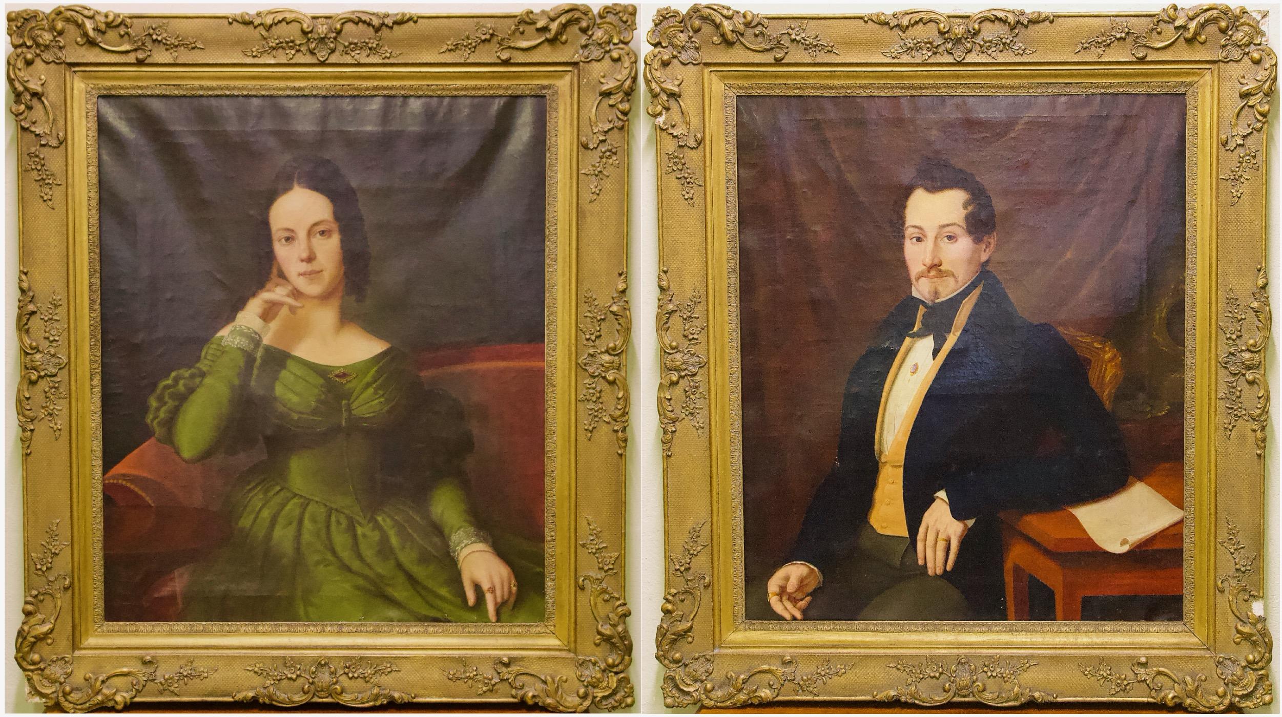 Pair of Antique Paintings, Oil on Canvas, Portraits. Around 1850. 