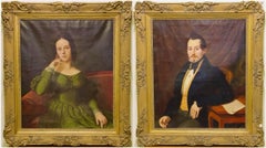 Paire de peintures anciennes, huile sur toile, portraits. Circa 1850. 