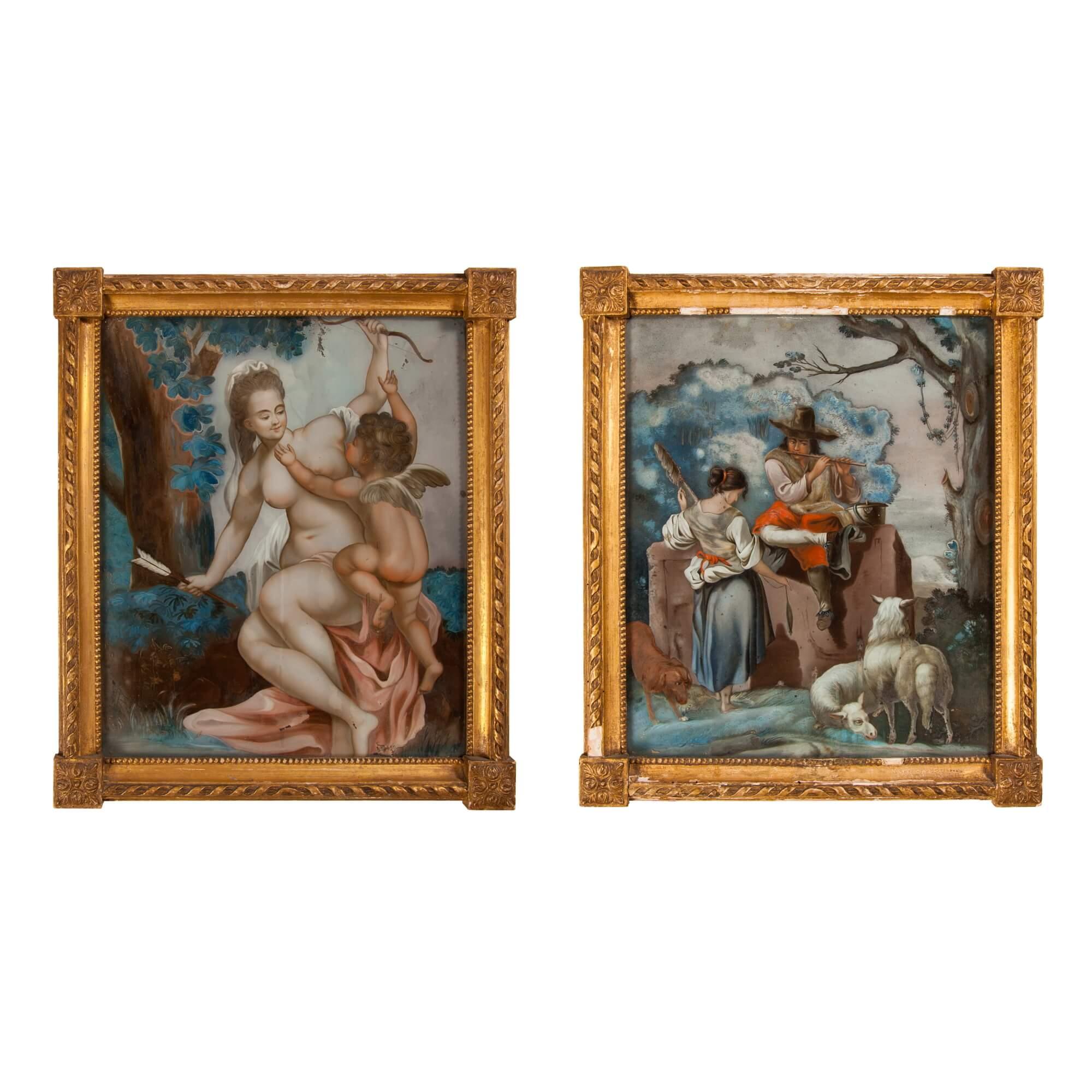 Unknown Figurative Painting - Pair of antique reverse glass paintings