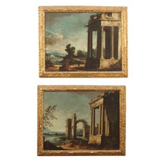 Paire d'huiles sur toile architecturales Capricci d'Italie, XVIIIe siècle
