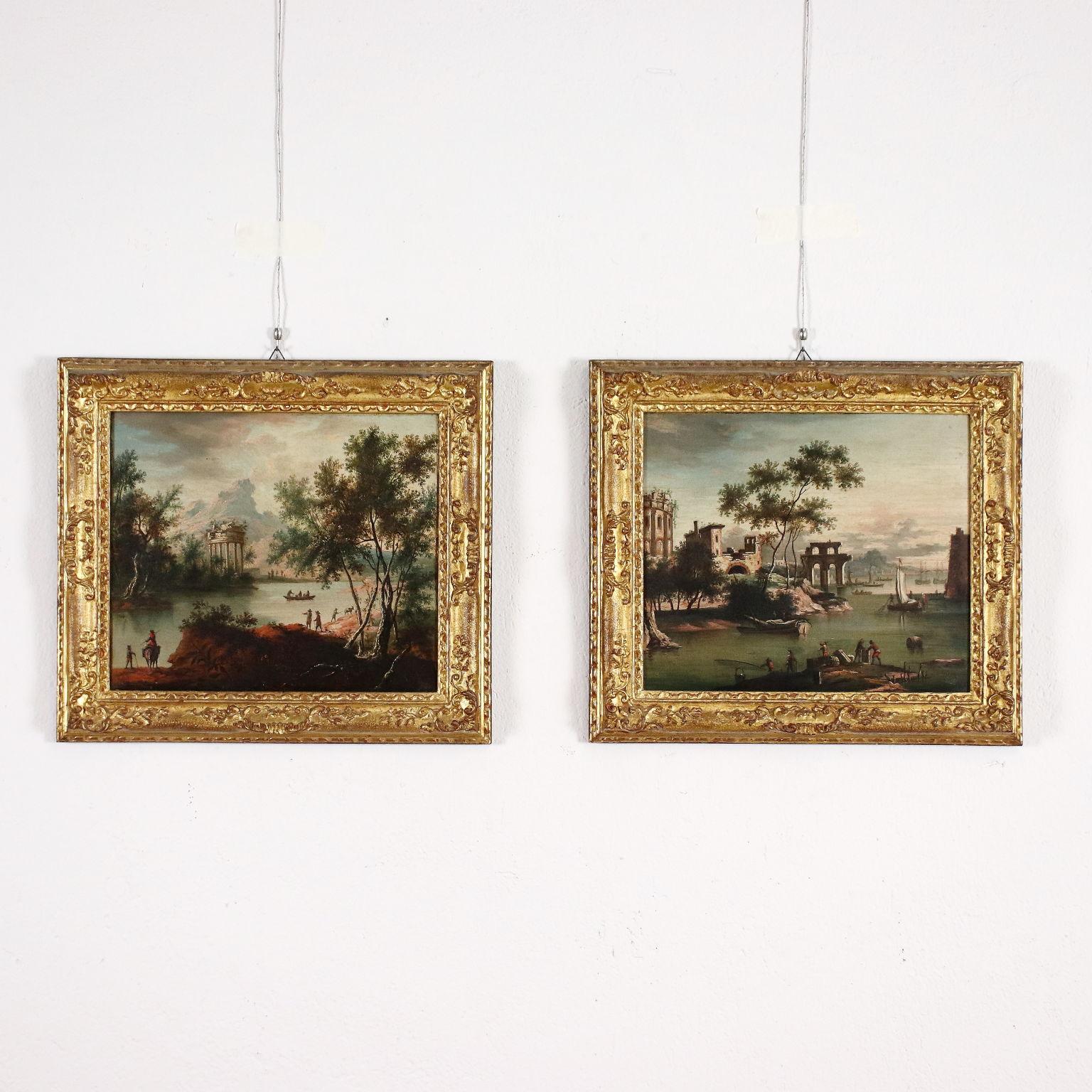 Unknown Landscape Painting - Pair of Architectural Whims with Figures, 1700s, oil on canvas