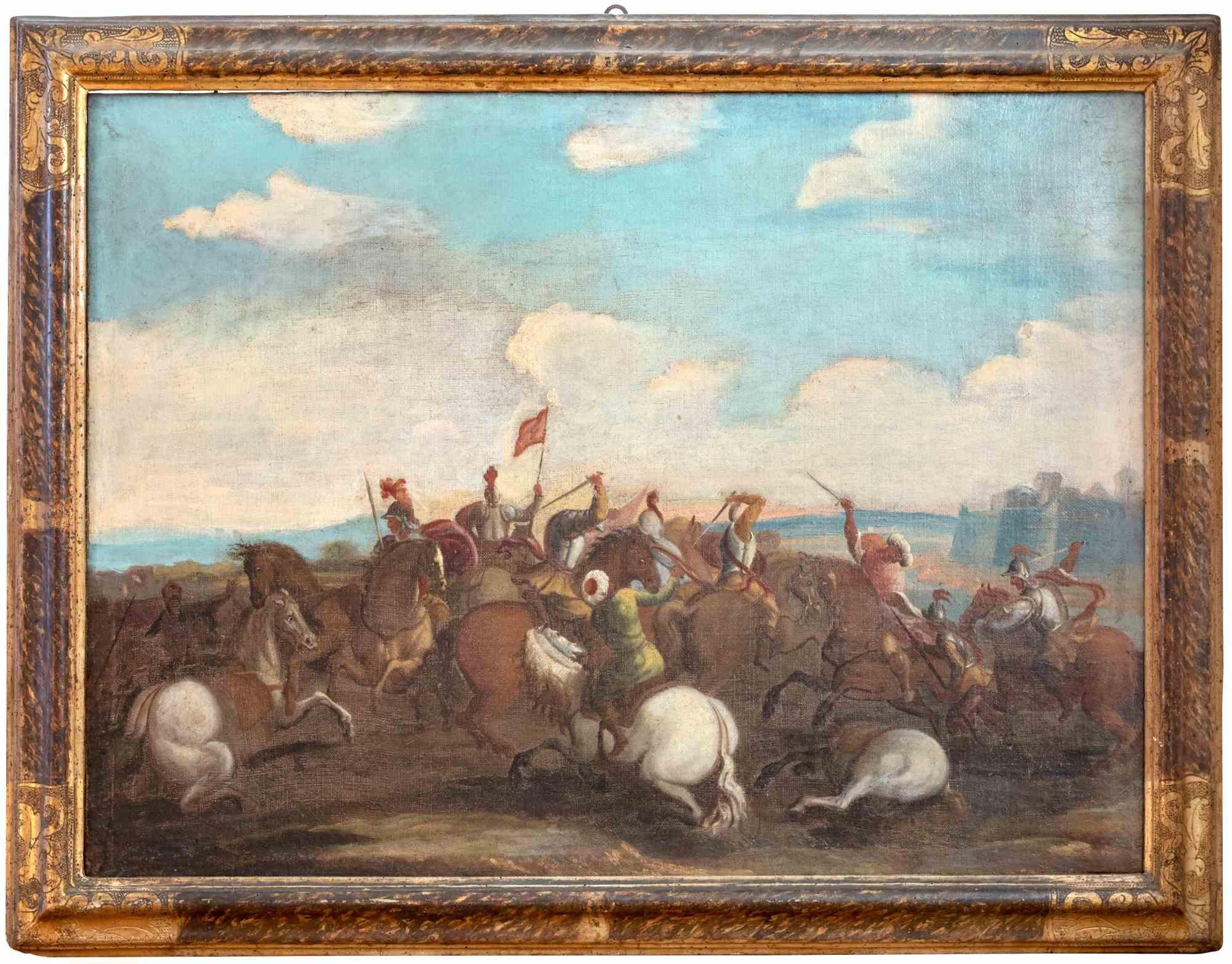 Pair of Battle Scenes - Oil Painting - 18th Century - Brown Figurative Painting by Unknown