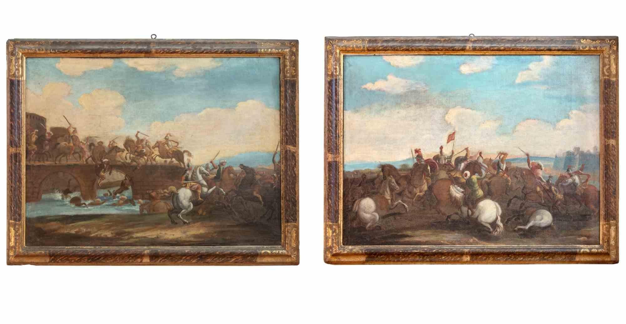 Paire de scènes de bataille - Peinture à l'huile - 18ème siècle