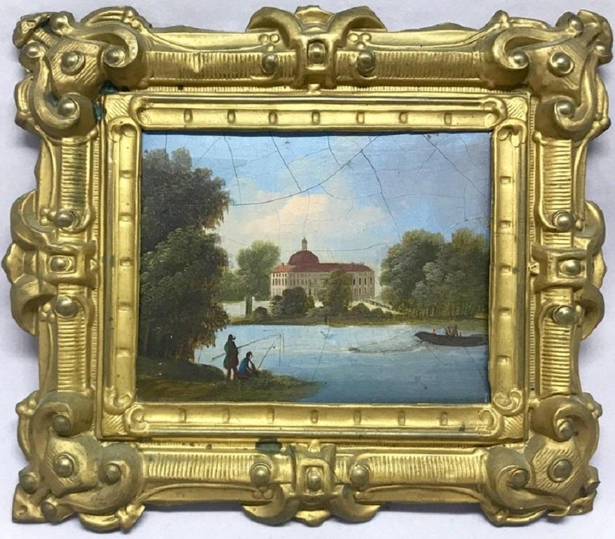 Coppia di dipinti di campi e ruscelli continentali su ottone. Coppia di scene di caccia/pesca continentali incorniciate in ottone e dipinte su ottone in cornici originali in ottone repousse. Europa del Nord, metà del XIX secolo. 
Dimensioni: 7