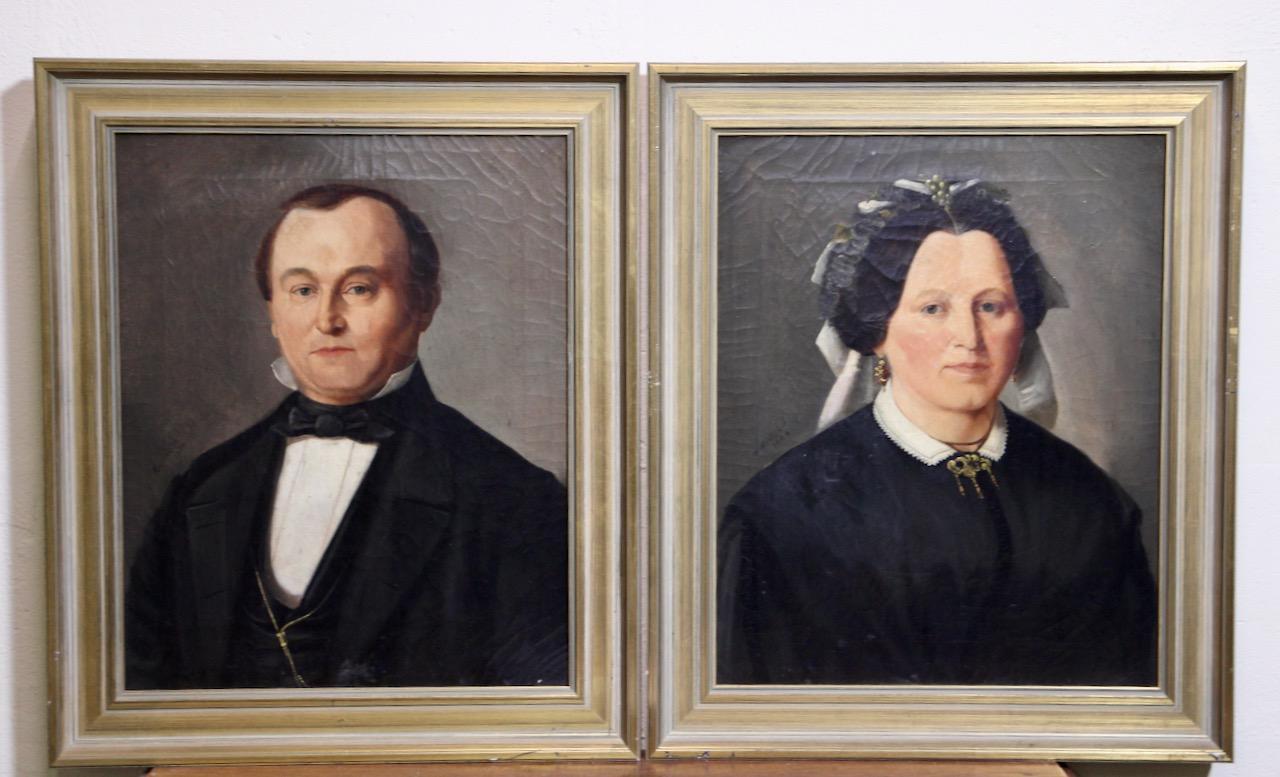 Unknown Figurative Painting - Pair of decorative antique oil paintings, Portraits. 19th century.