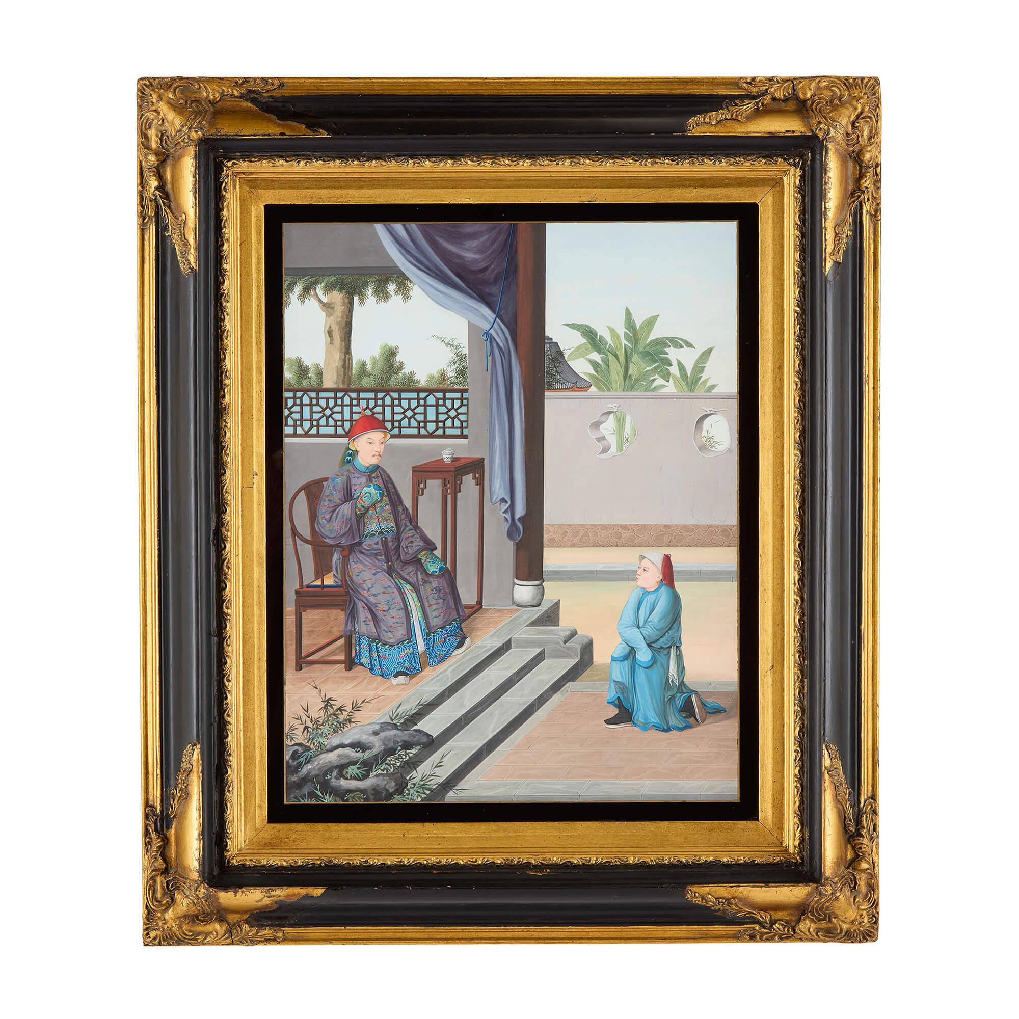 Paar chinesische Export-Aquarellgemälde des frühen 19. Jahrhunderts (Braun), Figurative Painting, von Unknown