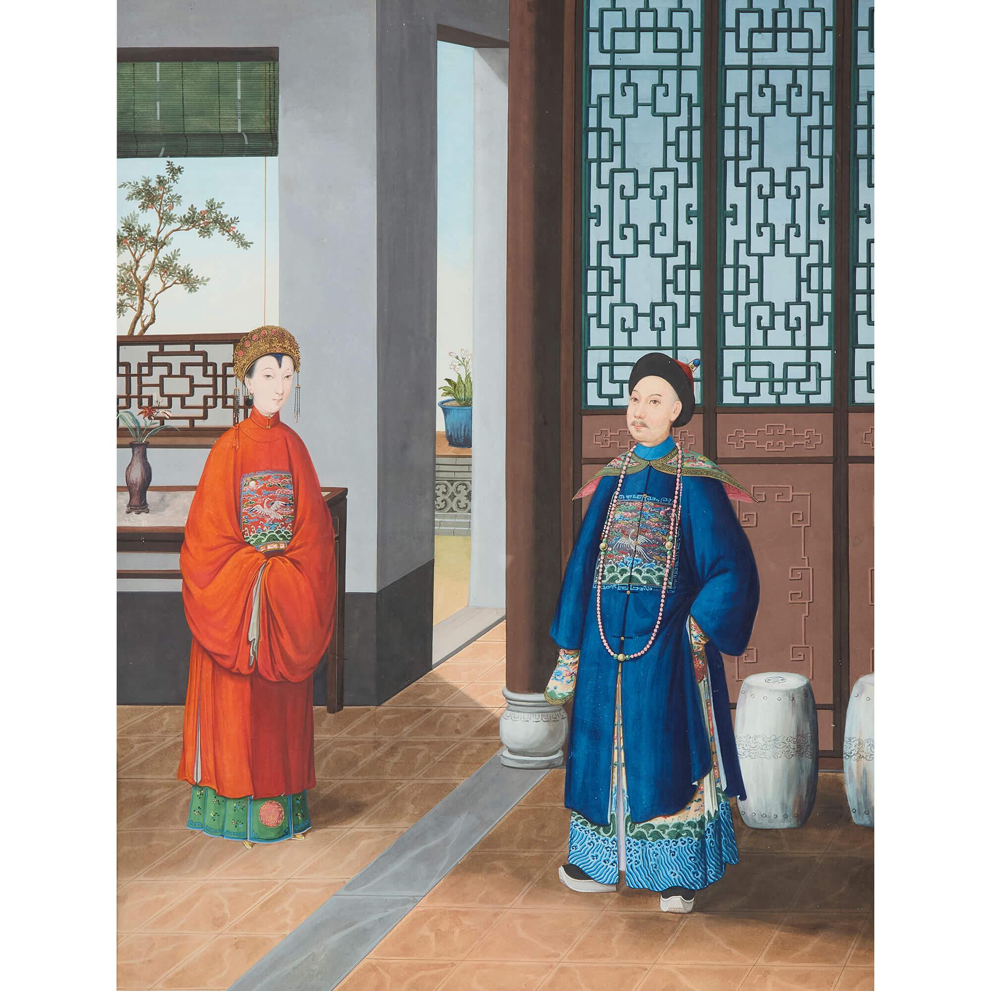 Paar chinesische Export-Aquarelle aus dem frühen 19. 
Chinesisch, frühes 19. Jahrhundert 
Papier: Höhe 51cm, Breite 41cm
Rahmen: Höhe 70cm, Breite 59cm, Tiefe 6cm

Dieses exquisite Paar chinesischer Aquarelle aus dem frühen 19. Jahrhundert bietet