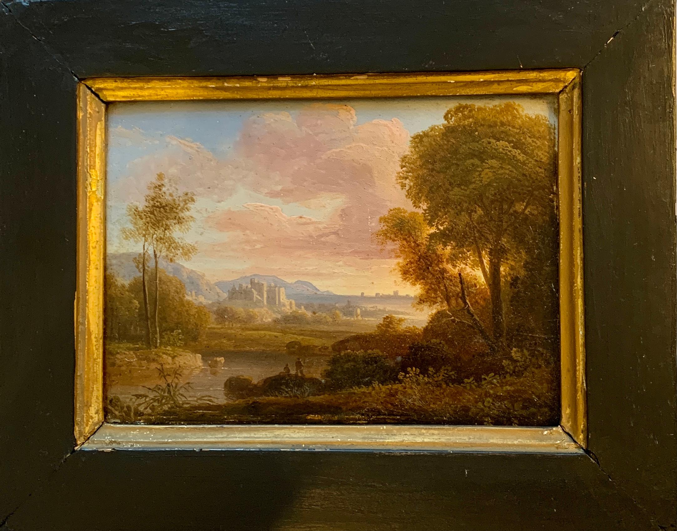 Pair of Early 19th century European river landscape with castle, figures, ruins 5