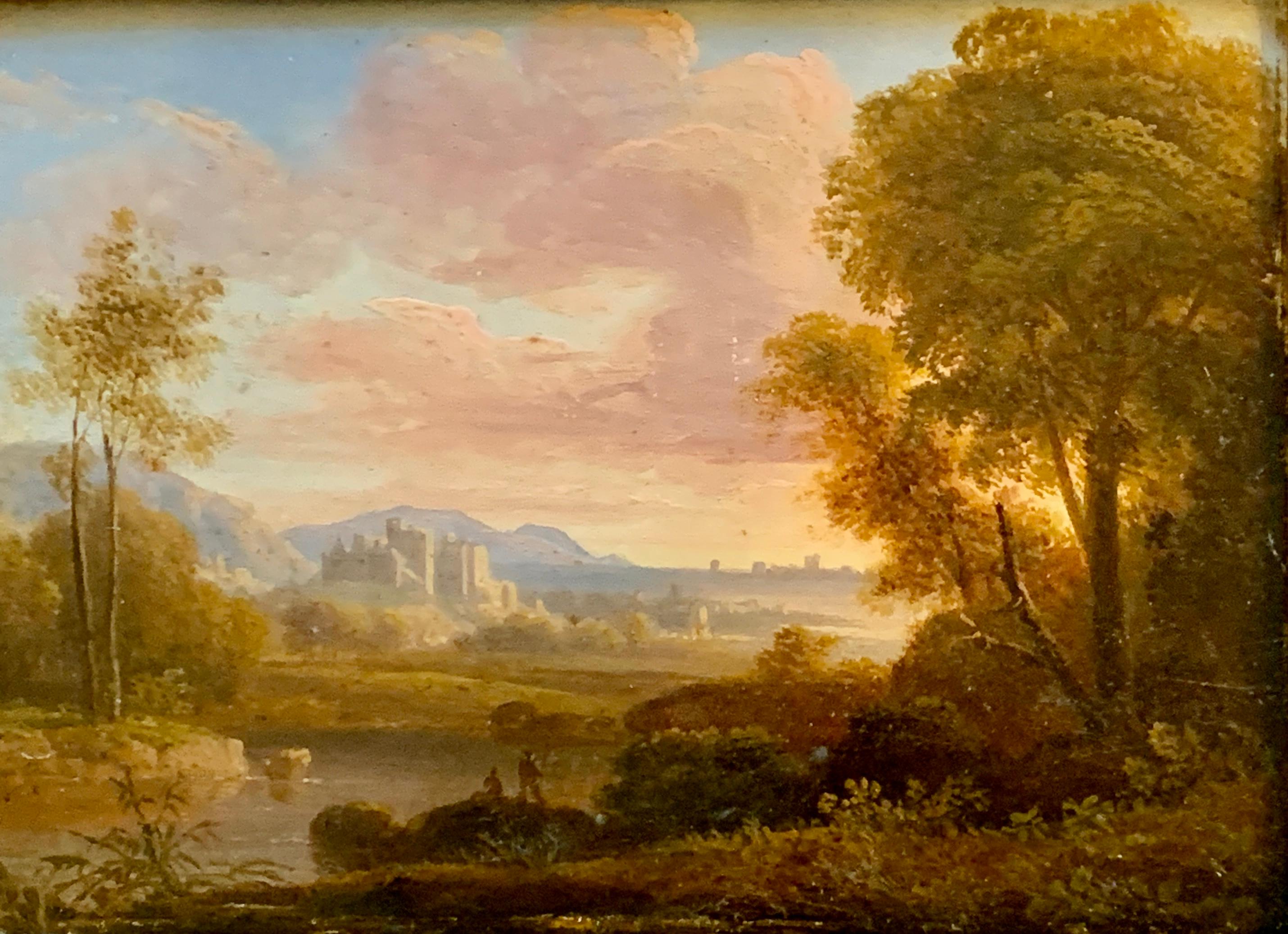 Pair of Early 19th century European river landscape with castle, figures, ruins 6