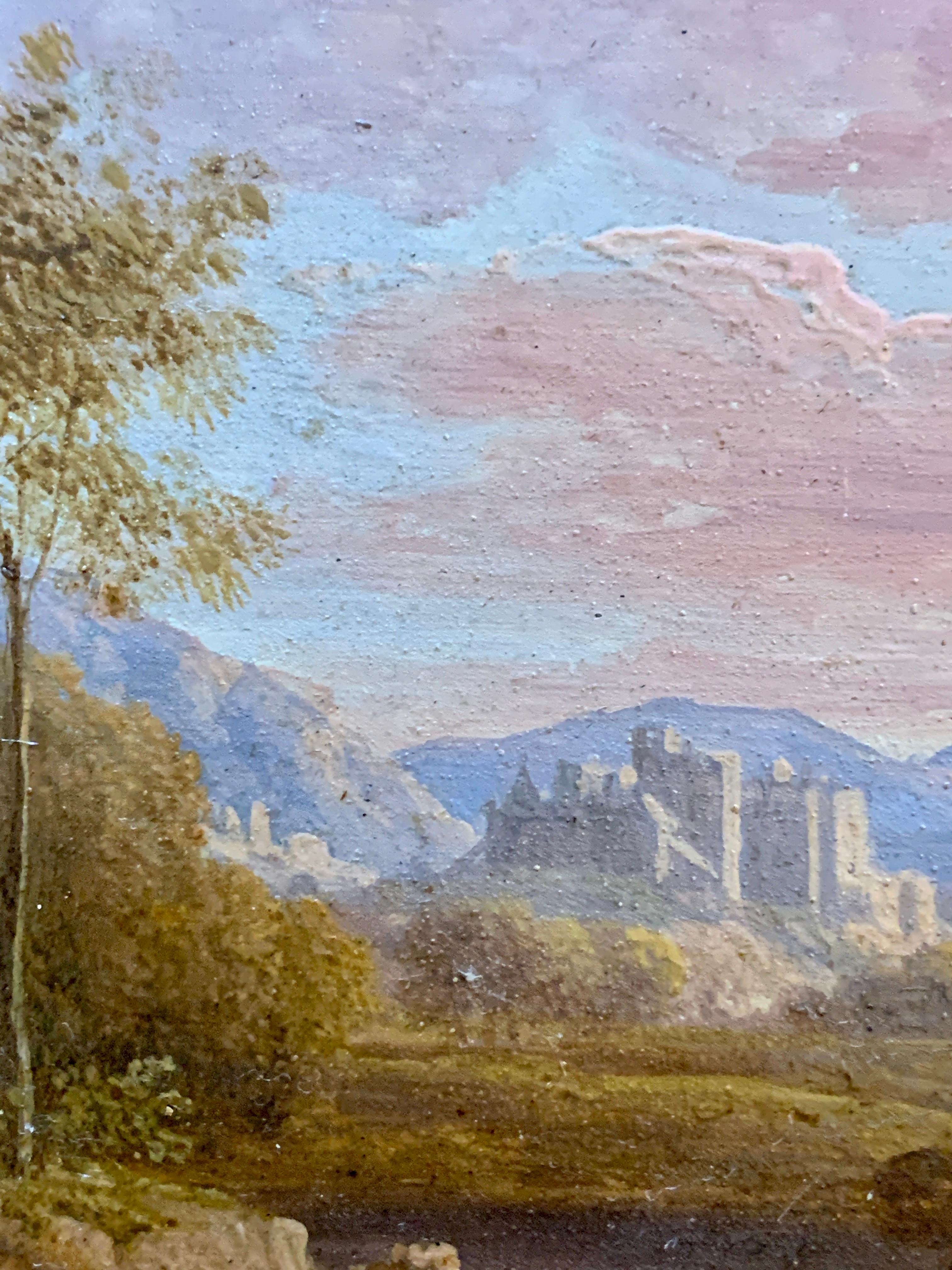 Pair of Early 19th century European river landscape with castle, figures, ruins 7