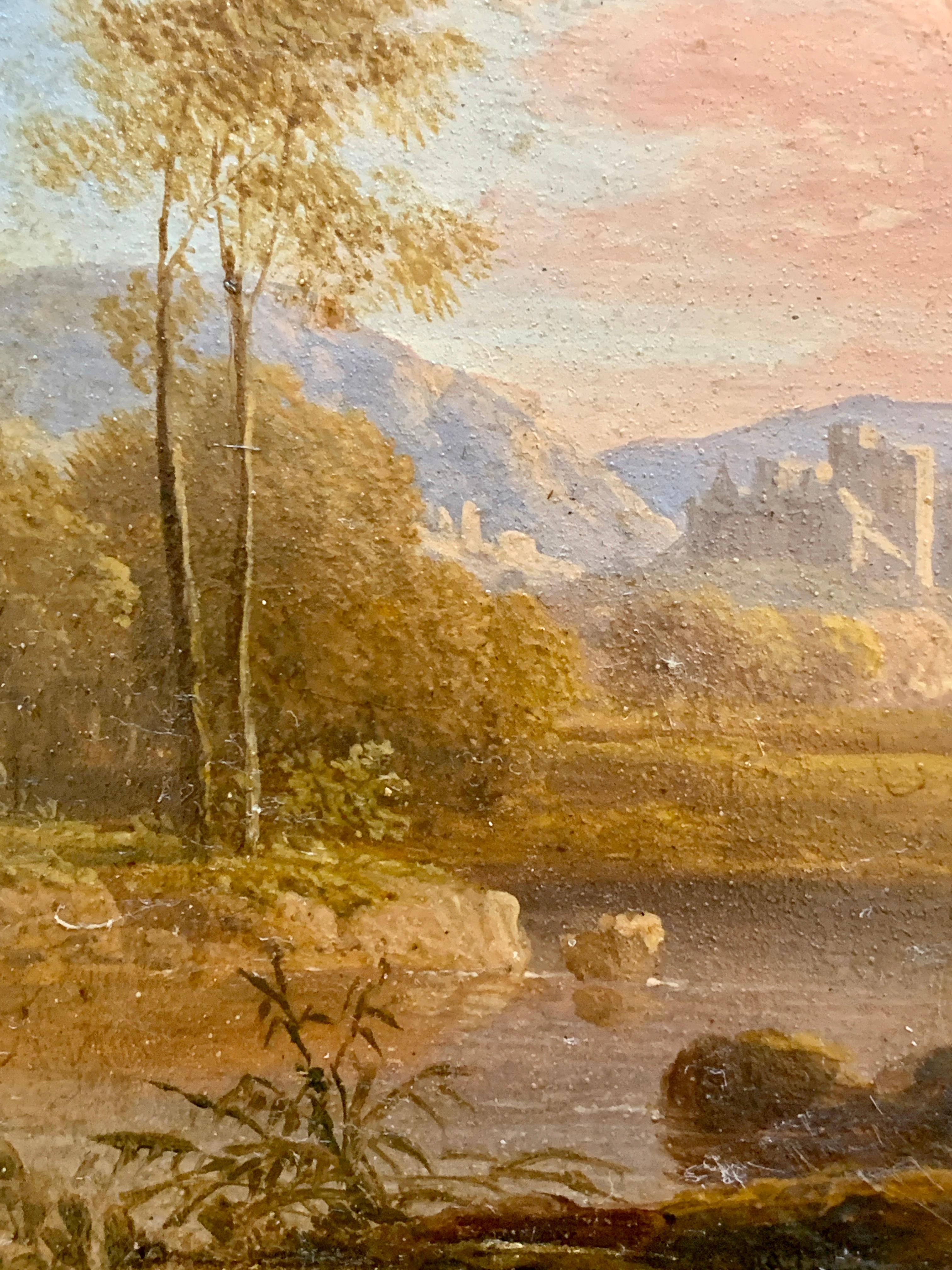 Pair of Early 19th century European river landscape with castle, figures, ruins 10
