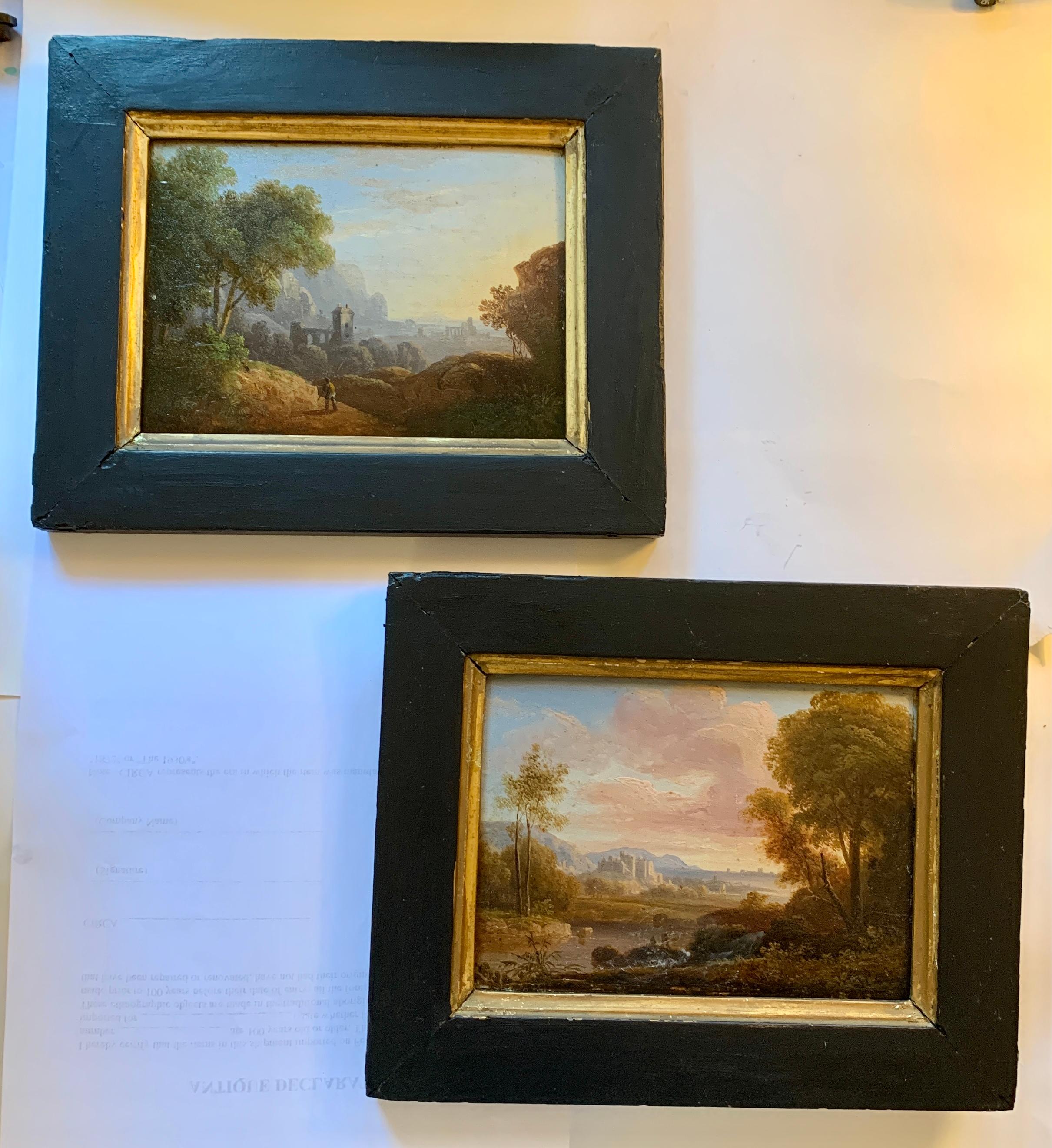 Pair of Early 19th century European river landscape with castle, figures, ruins 13