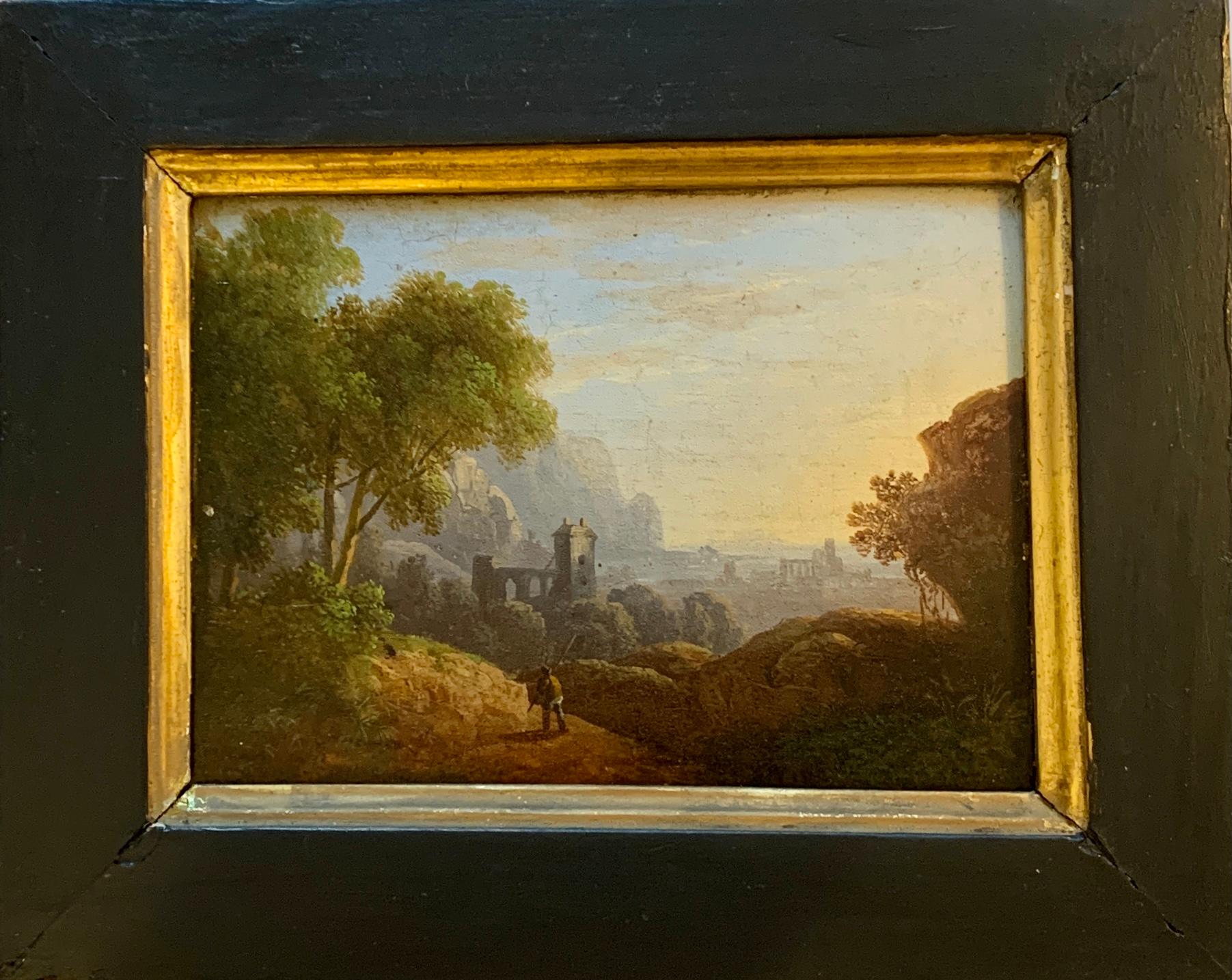 Pair of Early 19th century European river landscape with castle, figures, ruins - Painting by Unknown