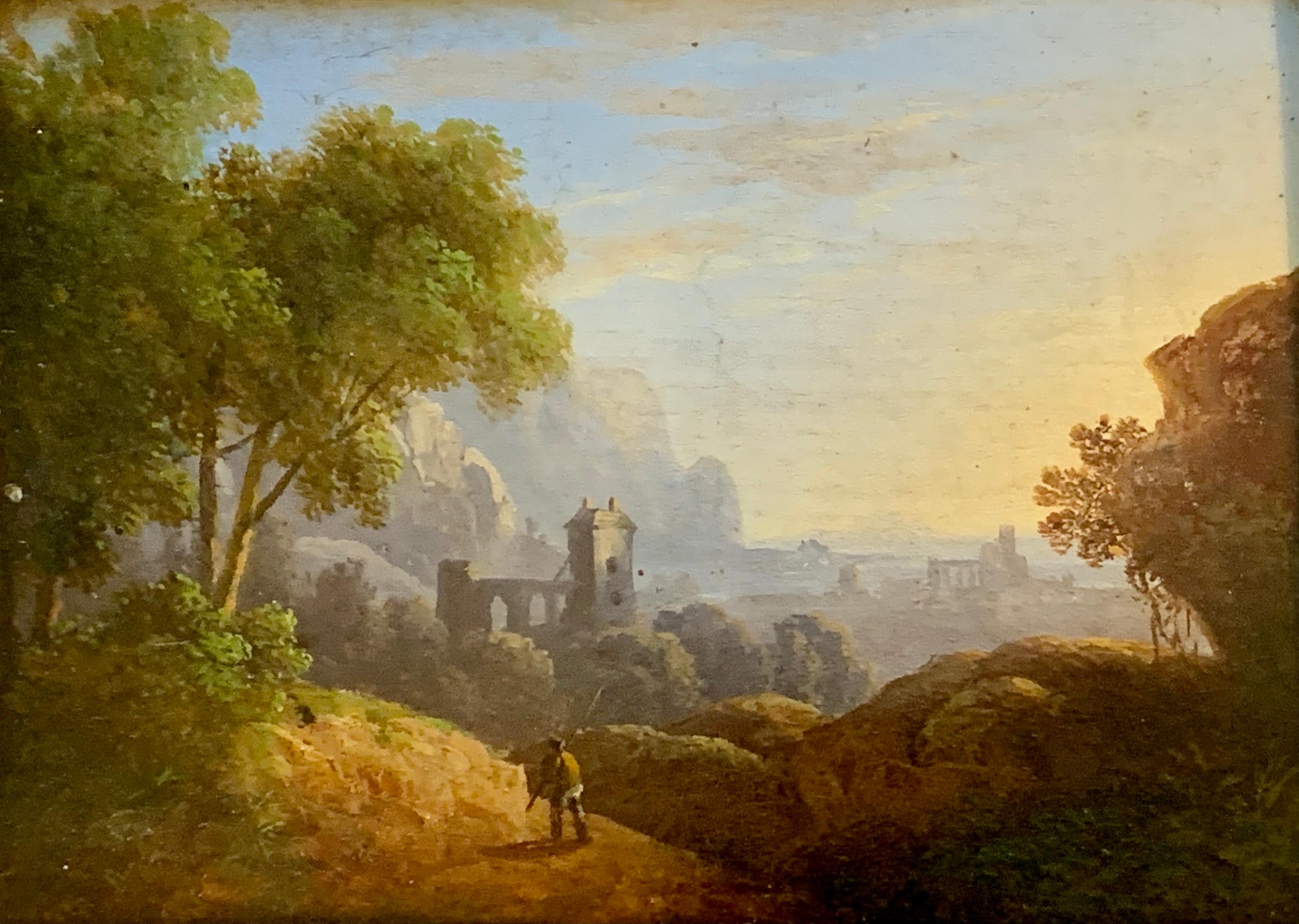 Pair of Early 19th century European river landscape with castle, figures, ruins - Old Masters Painting by Unknown