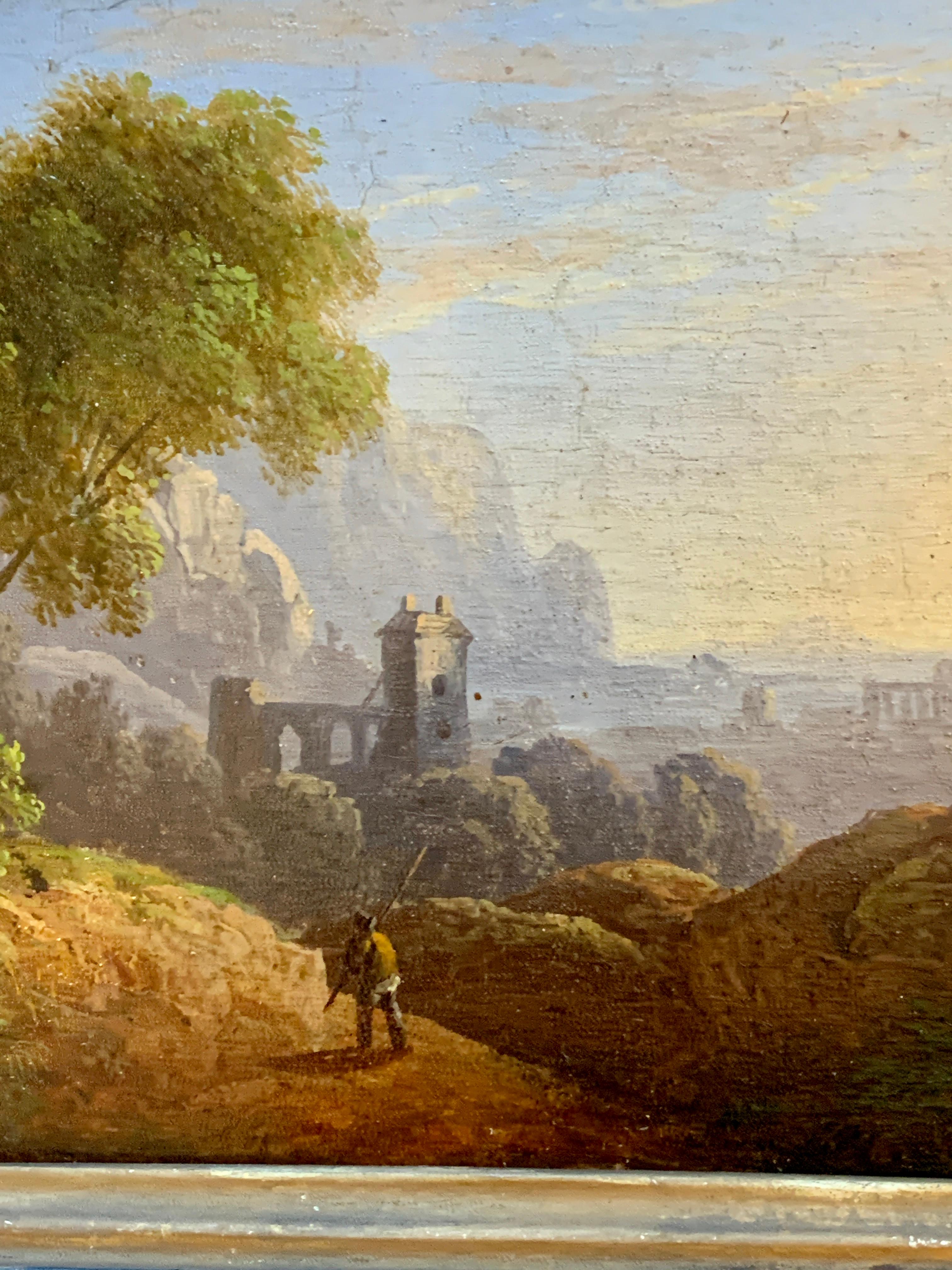 Pair of Early 19th century European river landscape with castle, figures, ruins - Brown Landscape Painting by Unknown