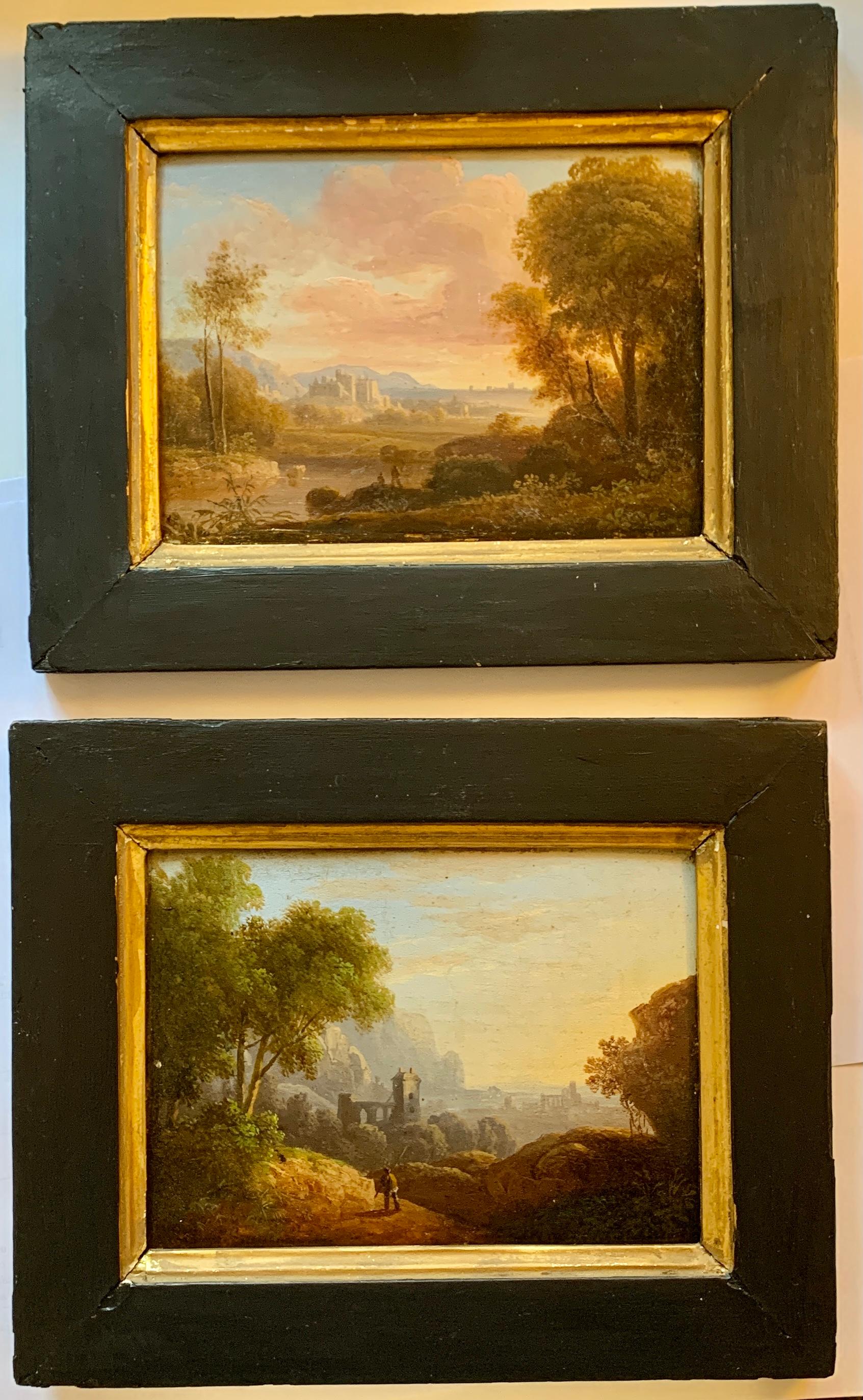 Unknown Landscape Painting - Pair of Early 19th century European river landscape with castle, figures, ruins