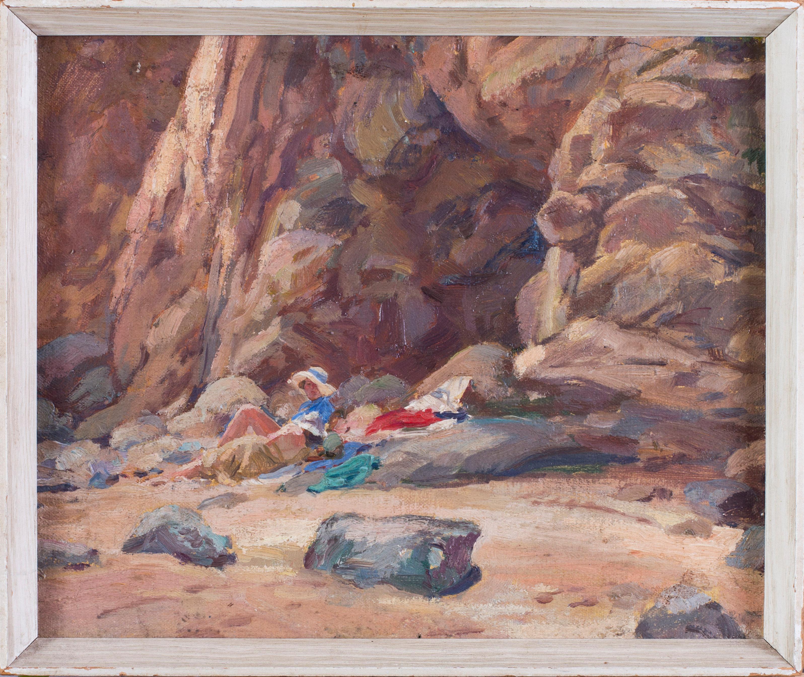 Paire de peintures impressionnistes britanniques du début du 20e siècle représentant la plage  - Painting de Unknown