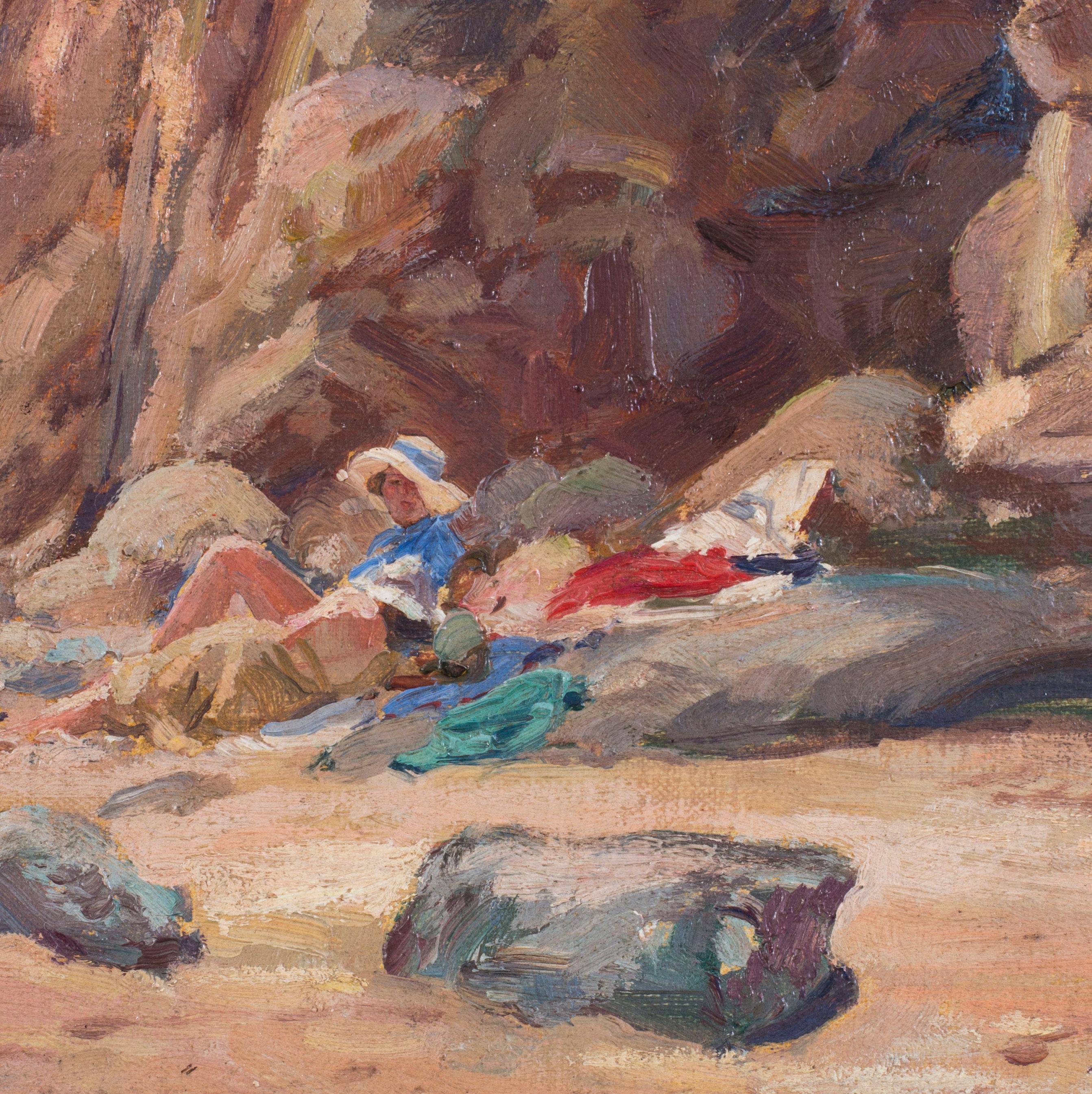 Paire de peintures impressionnistes britanniques du début du 20e siècle représentant la plage  - Marron Figurative Painting par Unknown