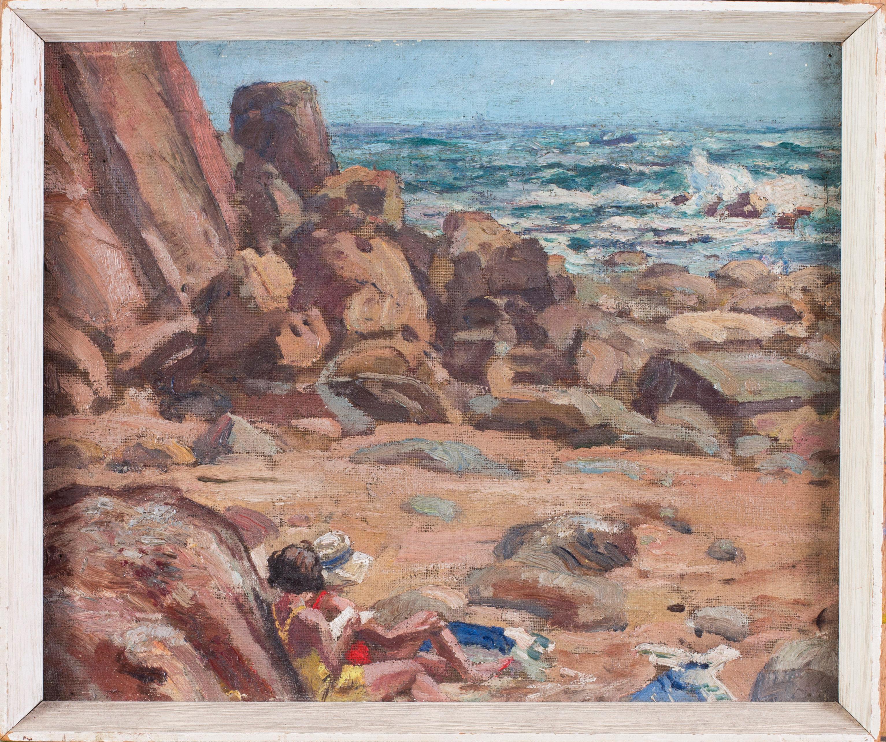 Pair of early 20th Century British Impressionist paintings of the beach 