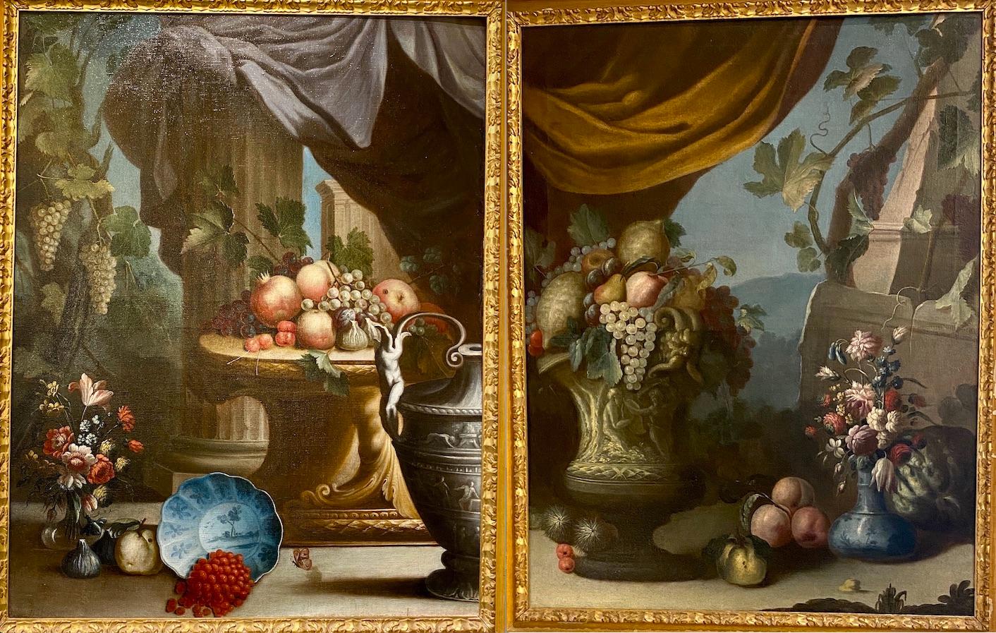 Figurative Painting Unknown - Paire d'exceptionnelles natures mortes italiennes du XVIIIe siècle 