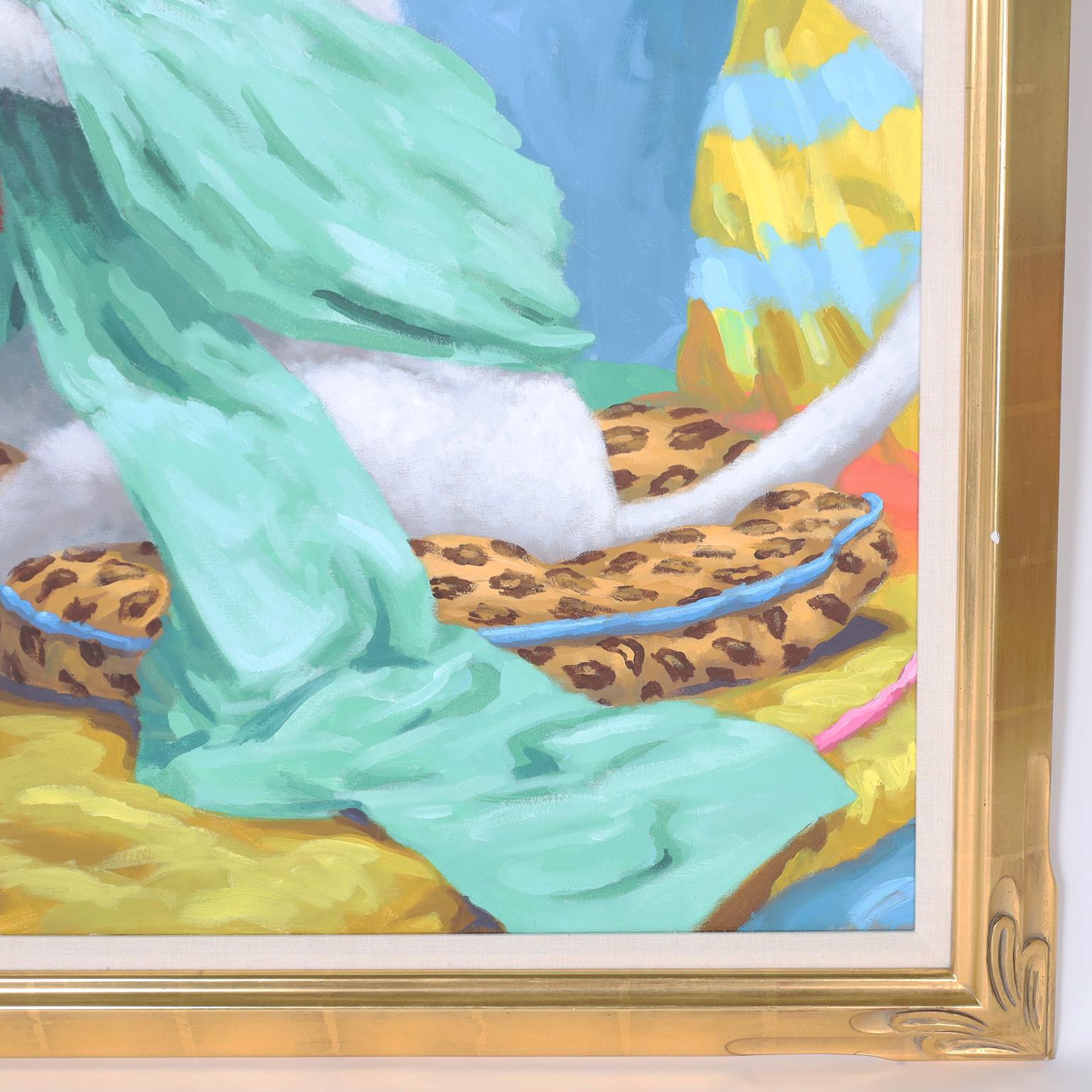Peintures acryliques fantaisistes sur toile, l'une représentant un singe épluchant une banane et l'autre un singe tenant un soda glacé. Les deux portent des chapeaux de style asiatique et se prélassent sur des coussins à motifs léopard. Présenté