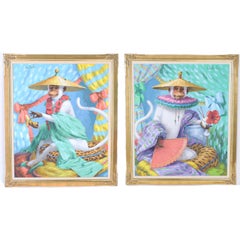 Vintage Pair of Fanciful Paintings on Canvas of Monkeys