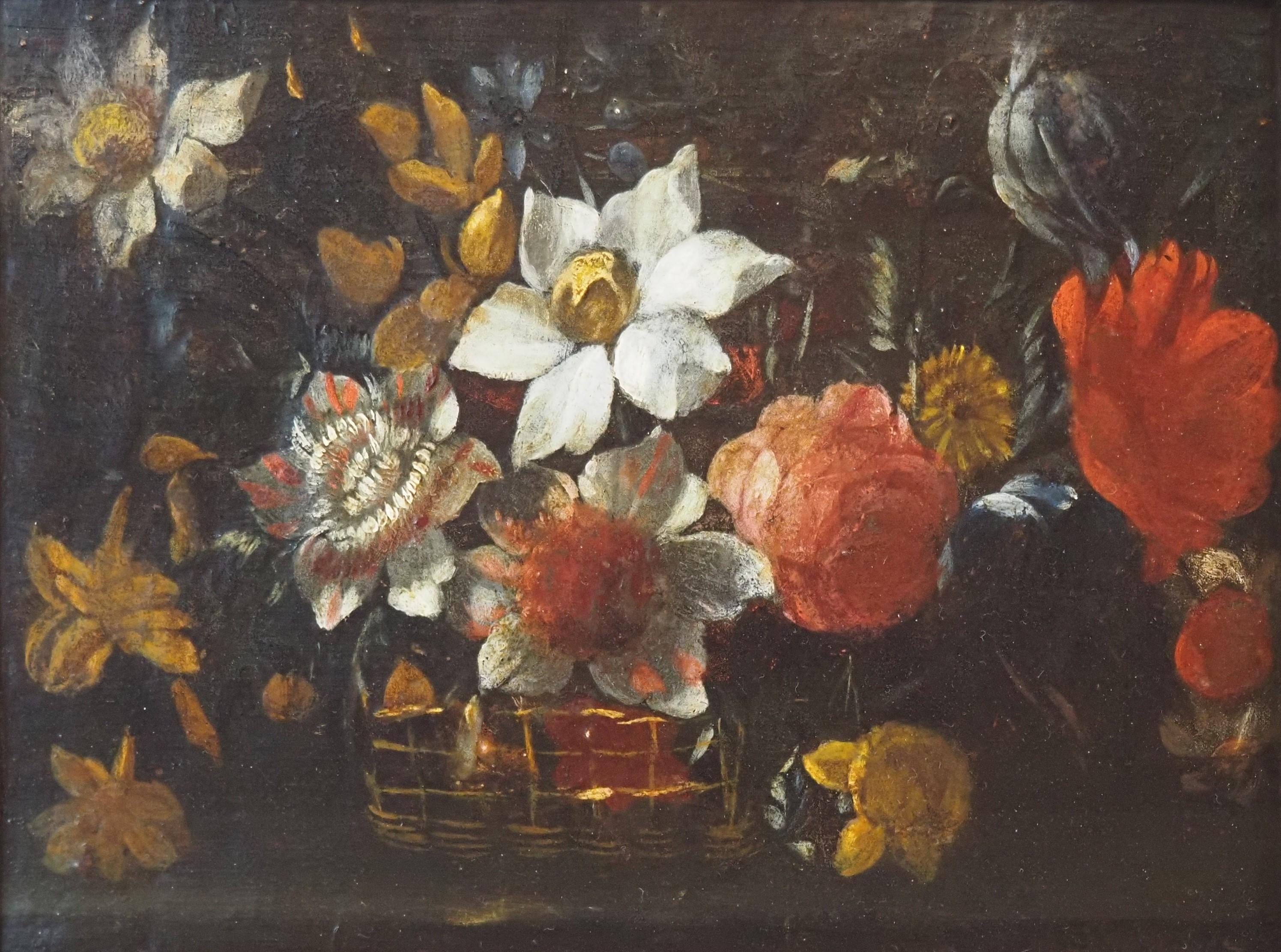 Pareja de bodegones florales sobre cobre, Flandes, siglo XVII, tulipán - Still-Life Painting Negro de Unknown