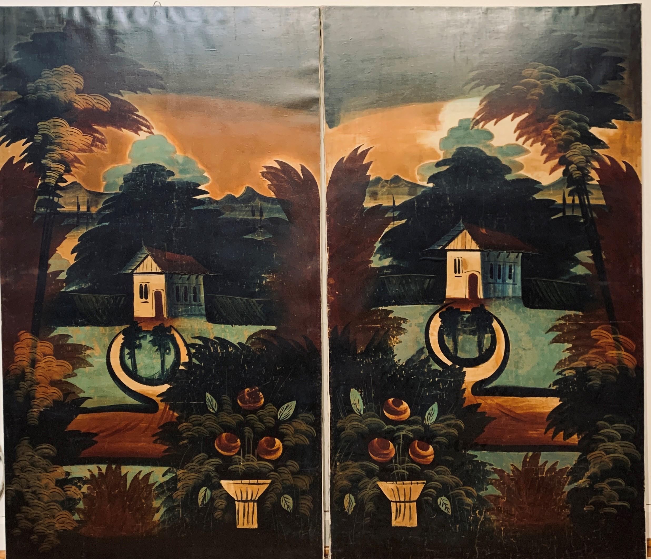 Unknown Landscape Painting - Pair of Folk Art Painted Window Shades, Likely NY State, circa 1840