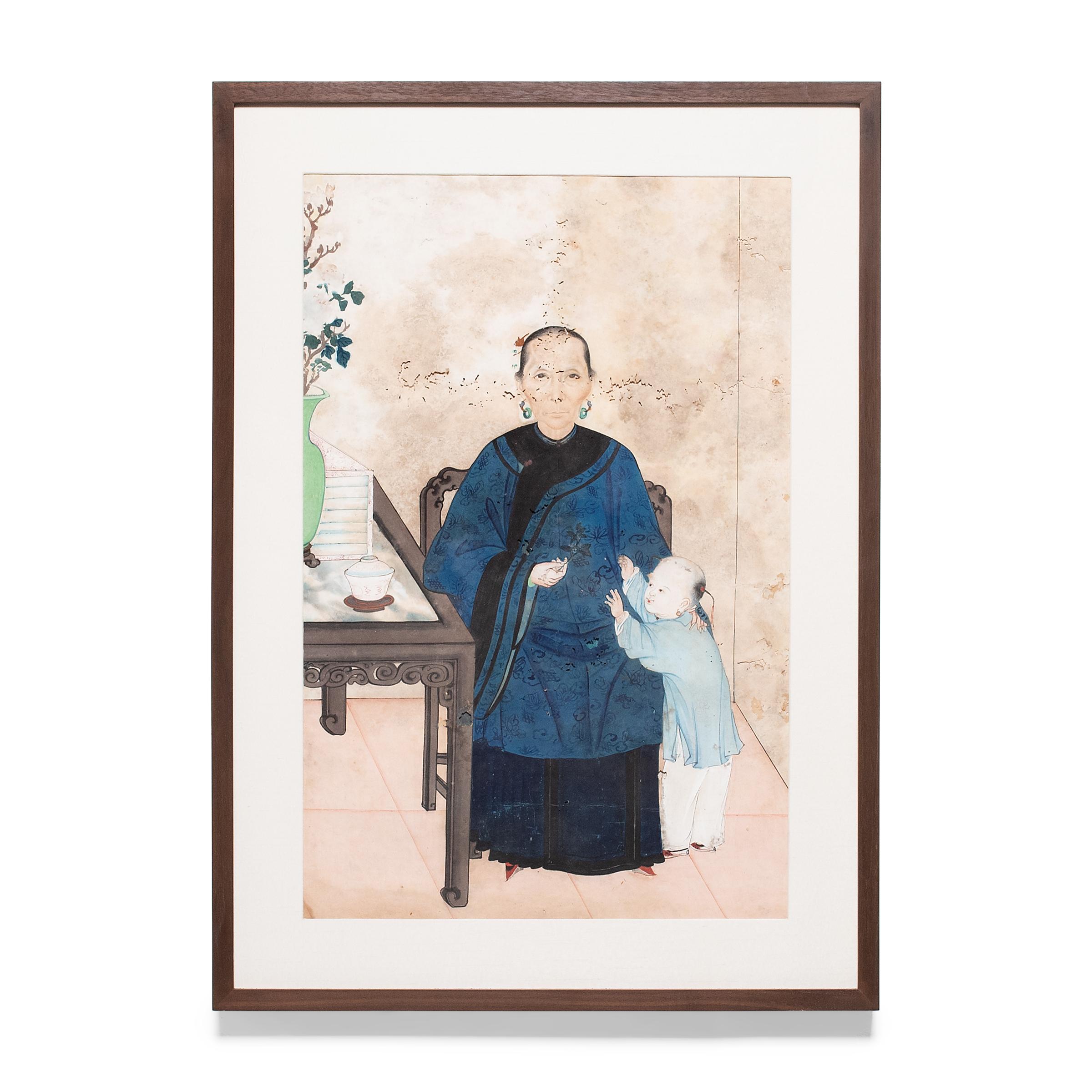 Pair of Framed Chinese Ancestor Portraits, Ink and Pigment on Paper, c. 1850 - Beige Portrait Painting by Unknown