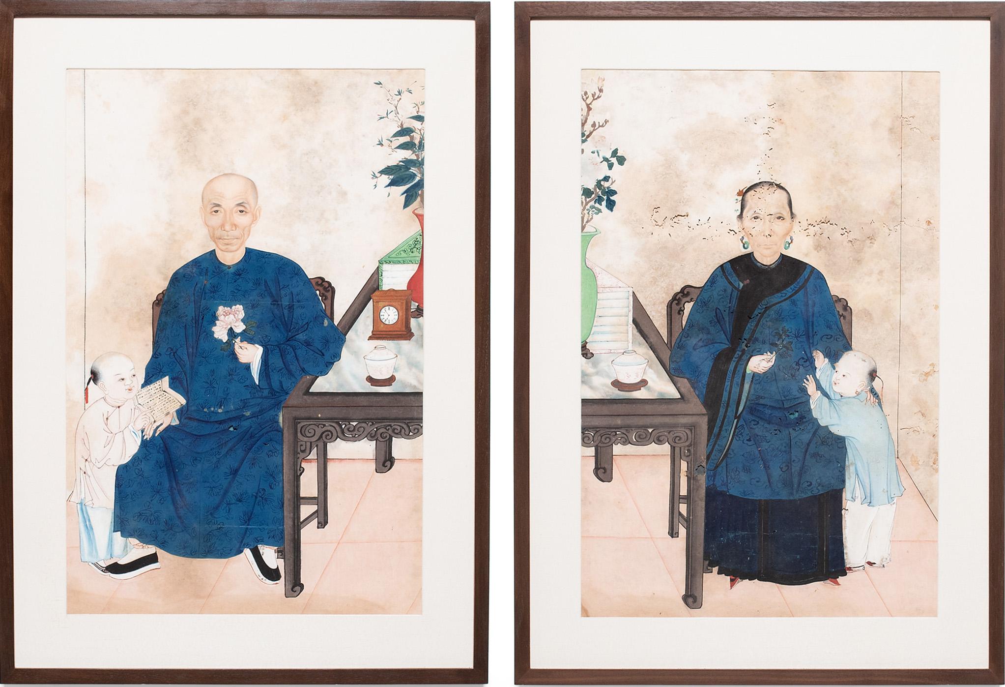 Pair of Framed Chinese Ancestor Portraits, Ink and Pigment on Paper