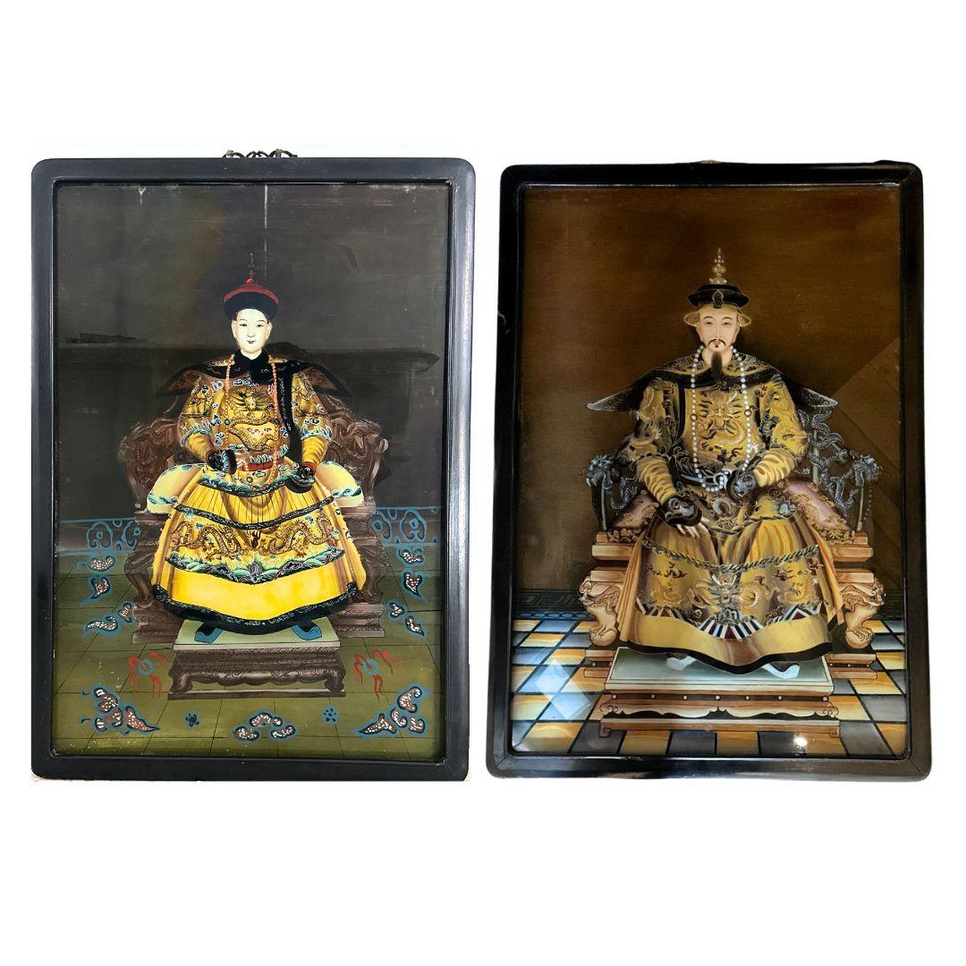 Pair of Framed Chinese Emperor and Empress Reverse Glass Paintings For Sale 3