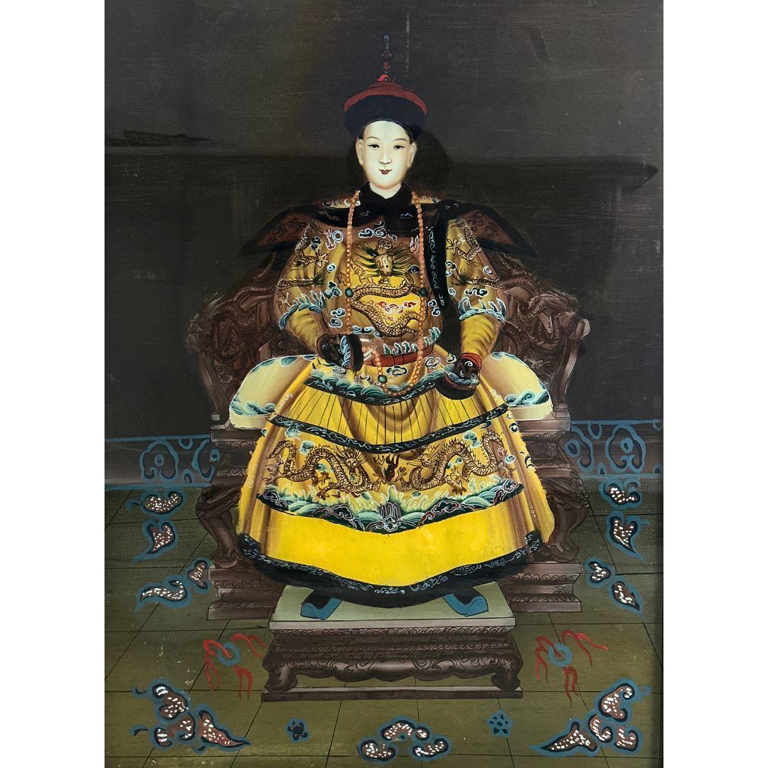 Pair of Framed Chinese Emperor and Empress Reverse Glass Paintings For Sale 1
