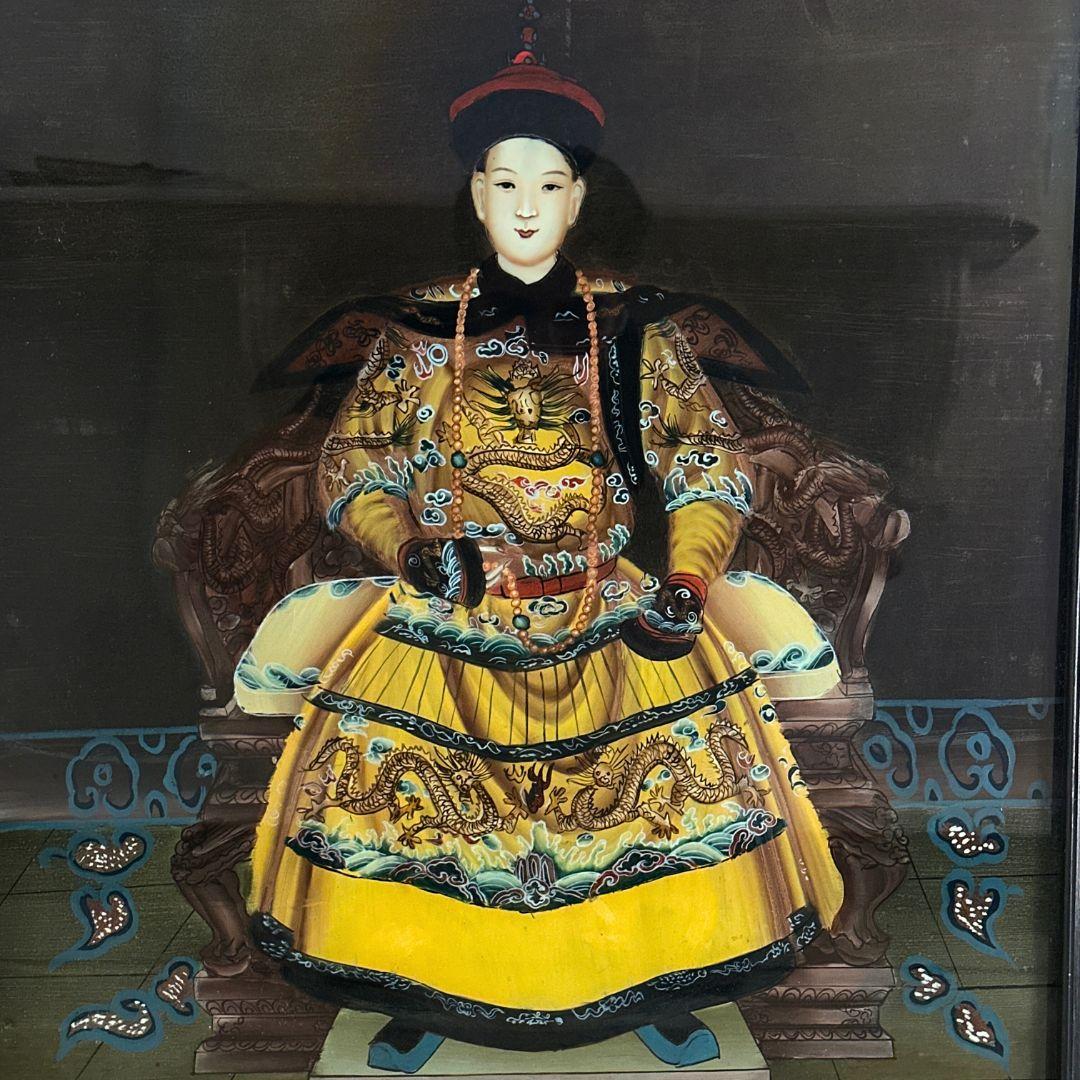 Pair of Framed Chinese Emperor and Empress Reverse Glass Paintings For Sale 4