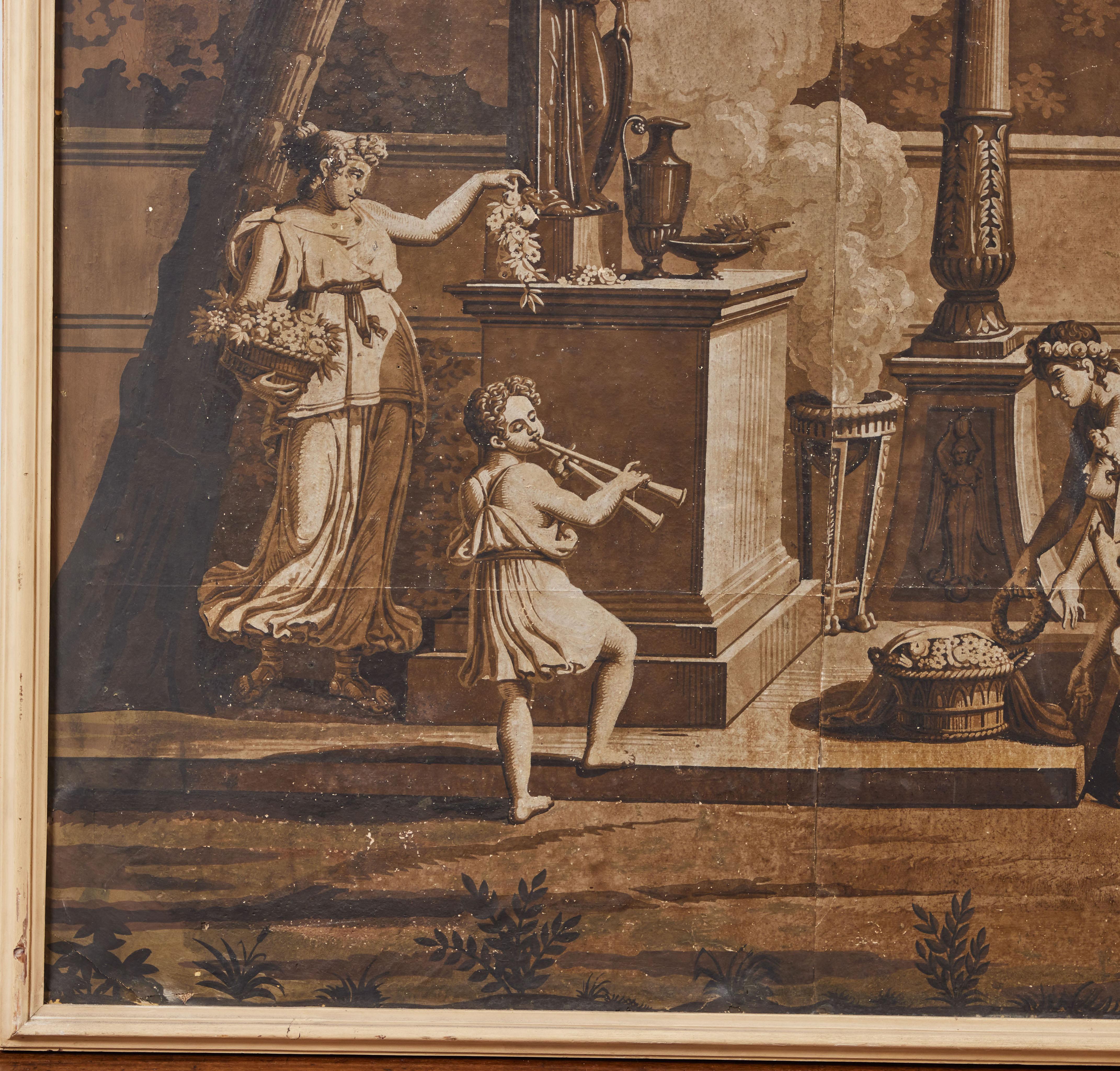 Paire de panneaux de papier peint encadrés et peints à la main, montés sur toile d'après Joseph Dufour (1754-1827) représentant une scène de jardin néoclassique avec des personnages et des statues.