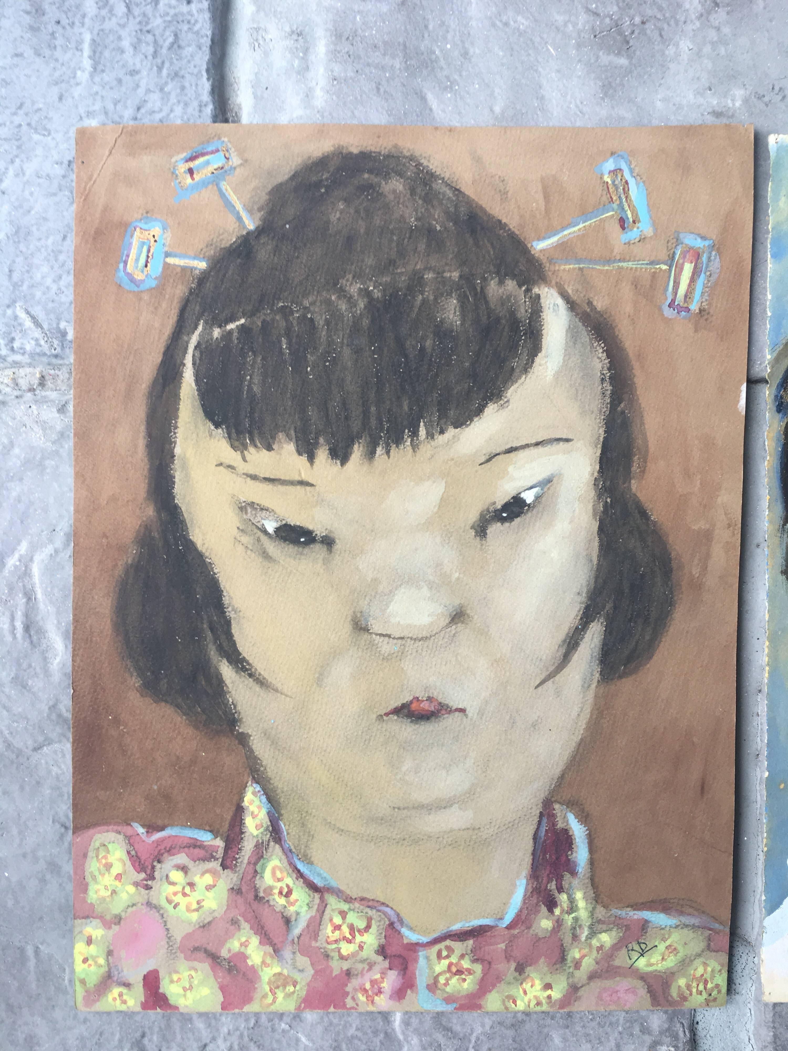 Pareja de retratos de personajes franceses.
Escuela francesa, mediados del siglo XX.
Gouache sobre papel sin enmarcar.
Ambas están estampadas y tienen nombre en el reverso, y las iniciales de los artistas están escritas en la parte inferior derecha